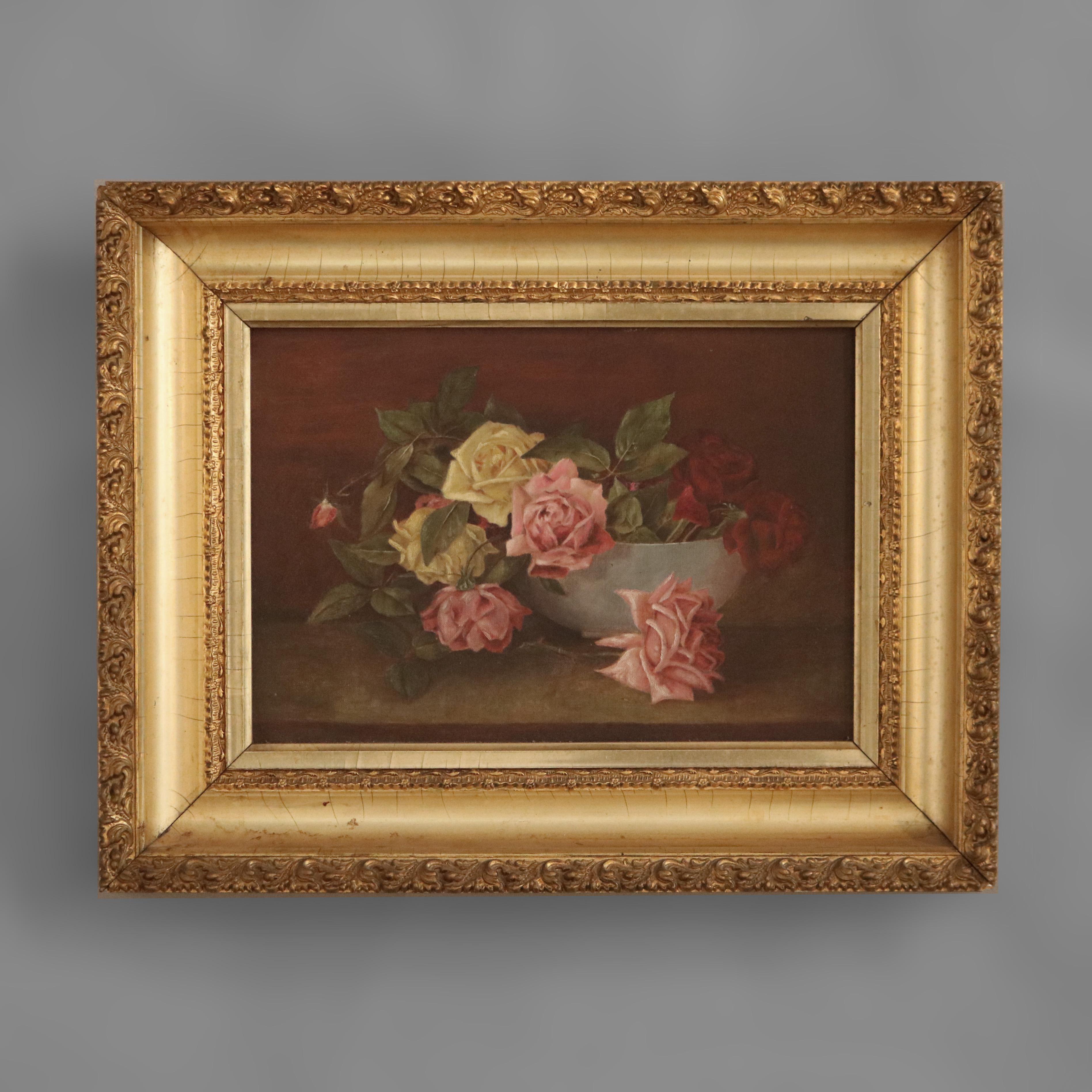Hand-Painted Antique Floral Still Life Painting of Roses in Giltwood Frame, circa 1890