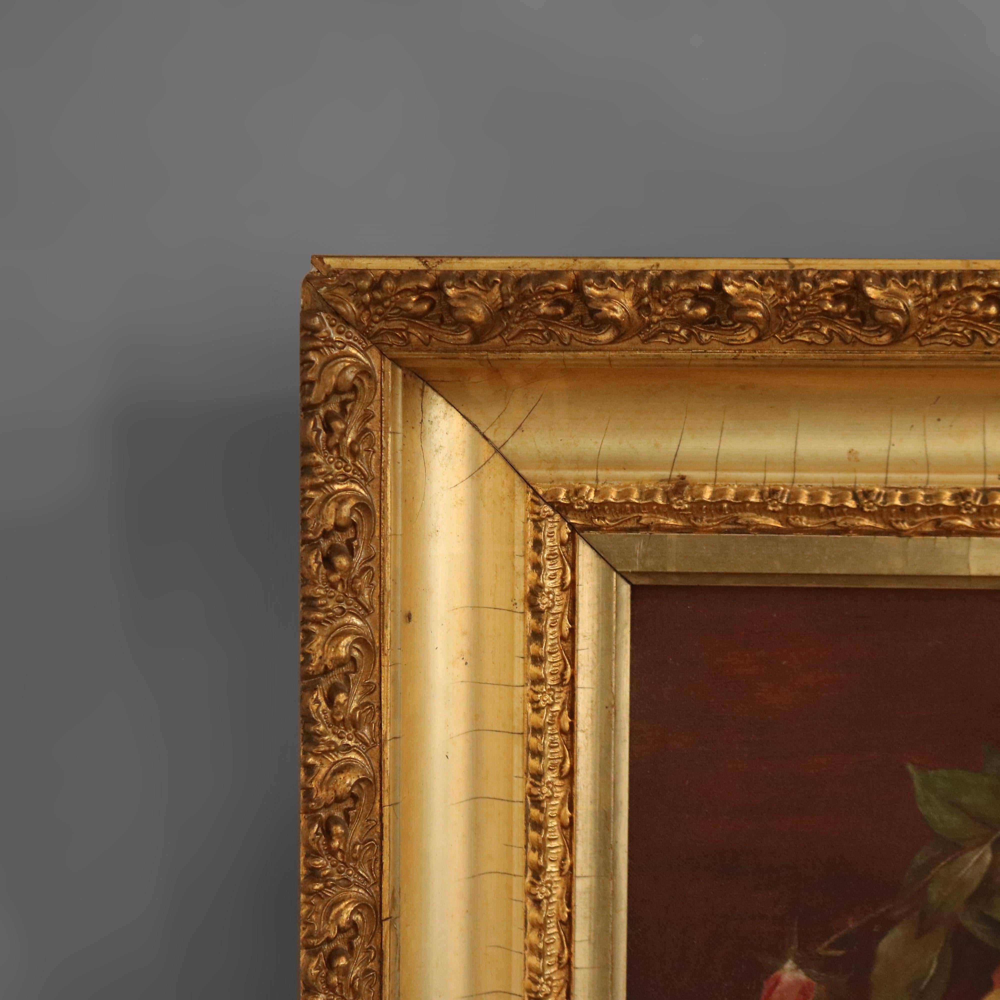 19th Century Antique Floral Still Life Painting of Roses in Giltwood Frame, circa 1890