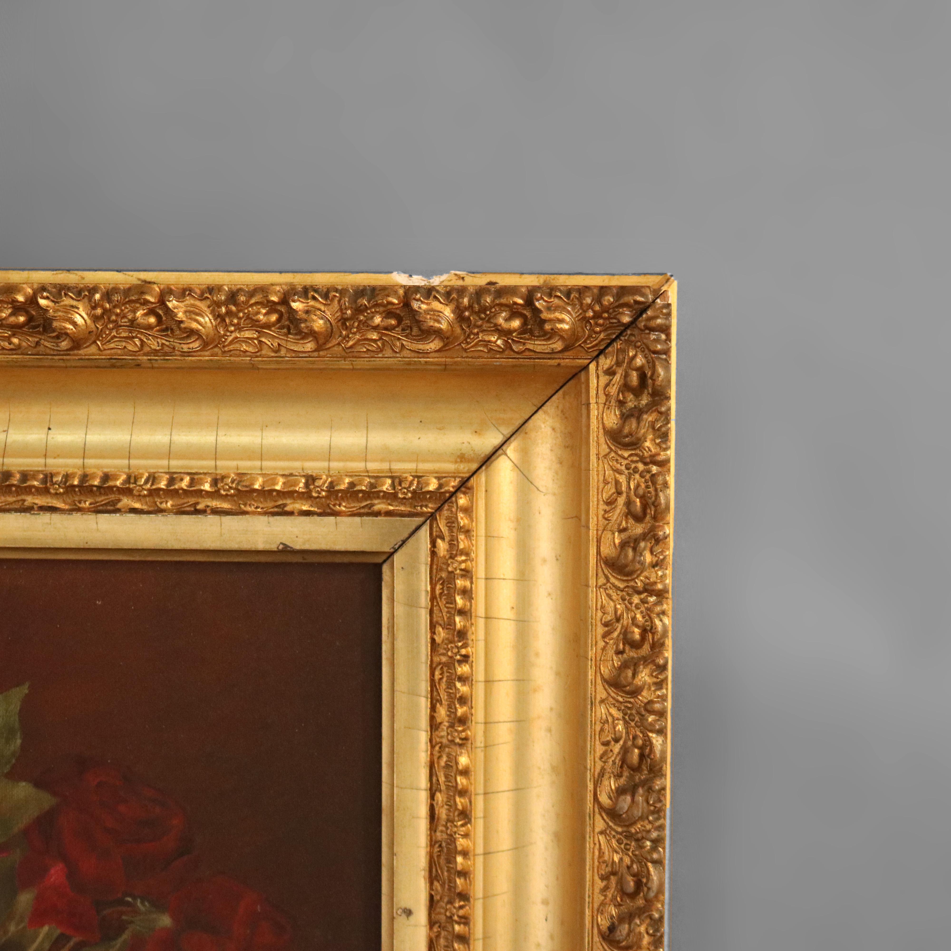 Canvas Antique Floral Still Life Painting of Roses in Giltwood Frame, circa 1890