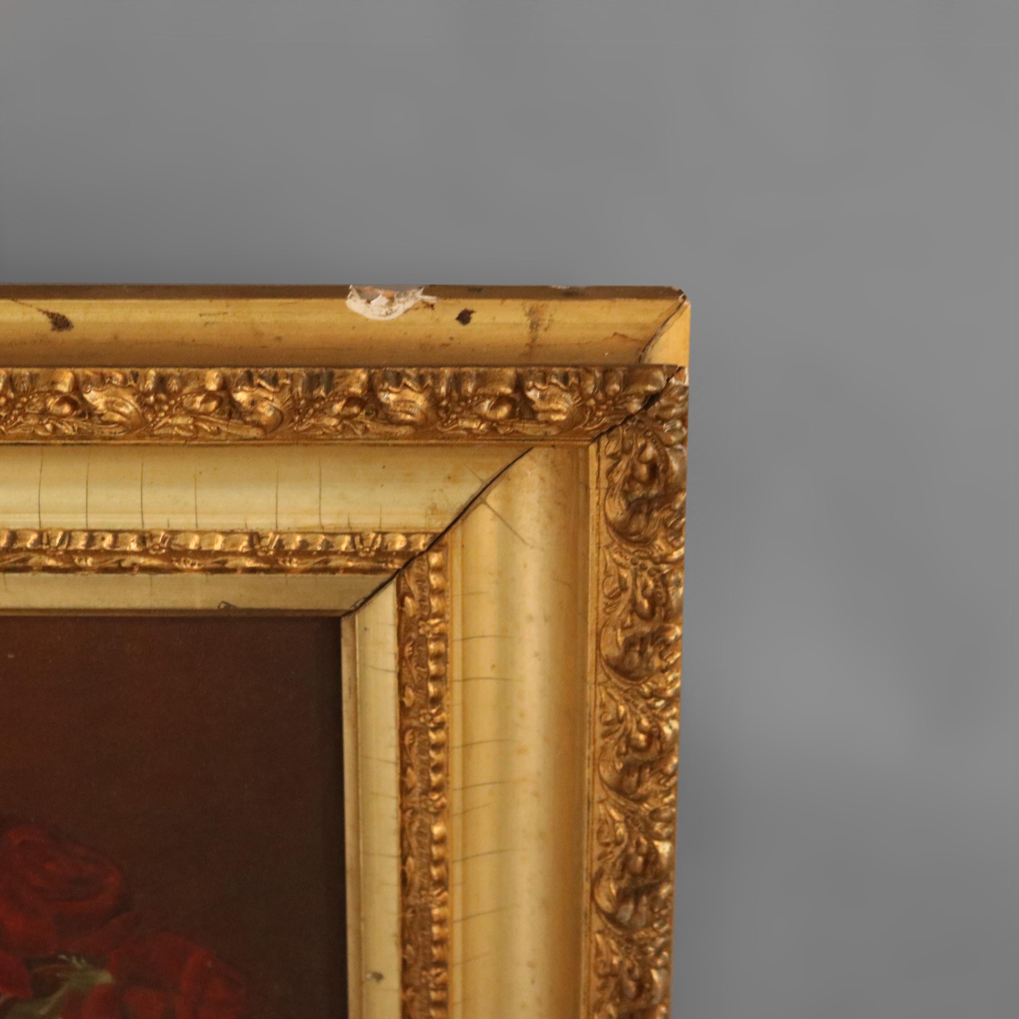 Antique Floral Still Life Painting of Roses in Giltwood Frame, circa 1890 1
