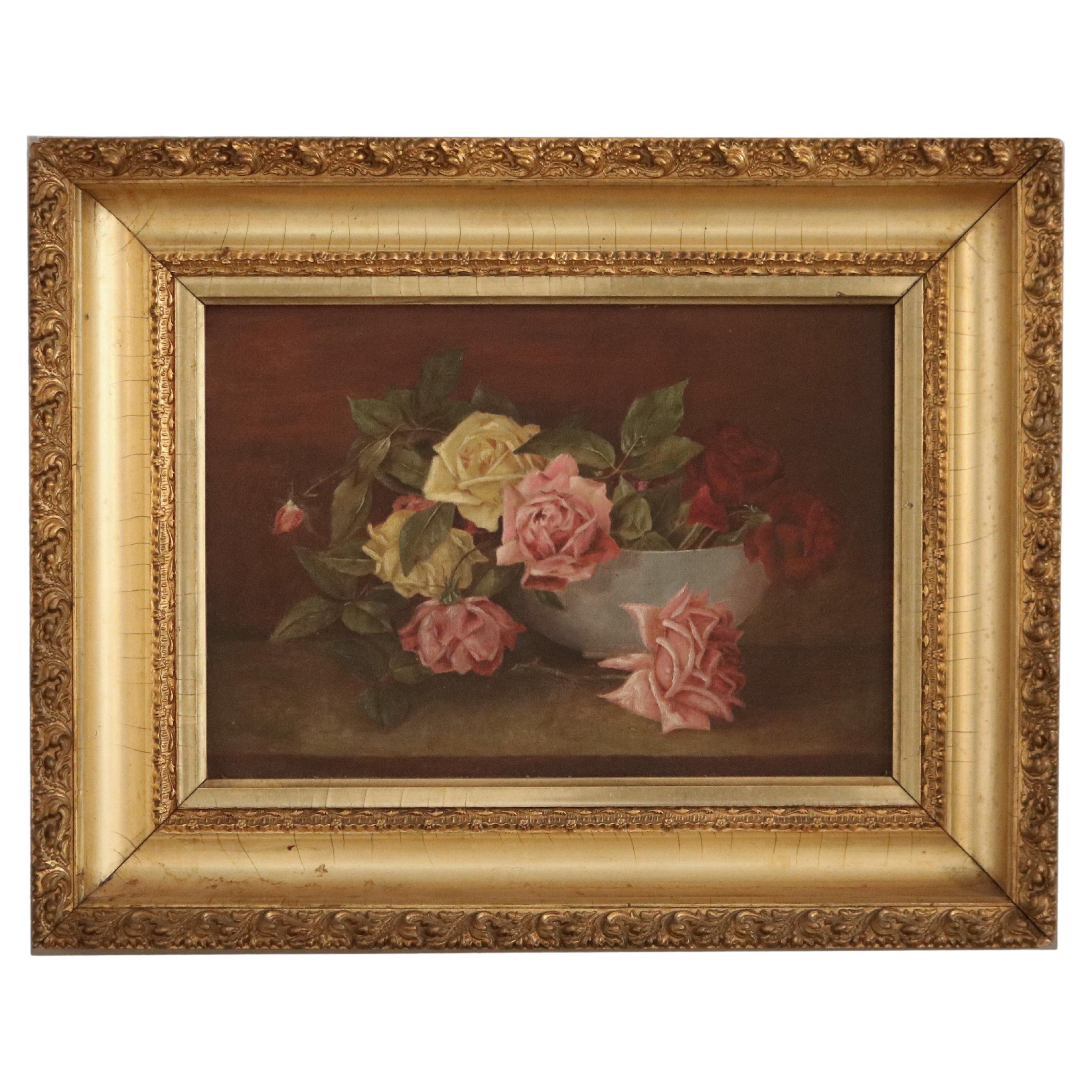 Antique Floral Still Life Painting of Roses in Giltwood Frame, circa 1890