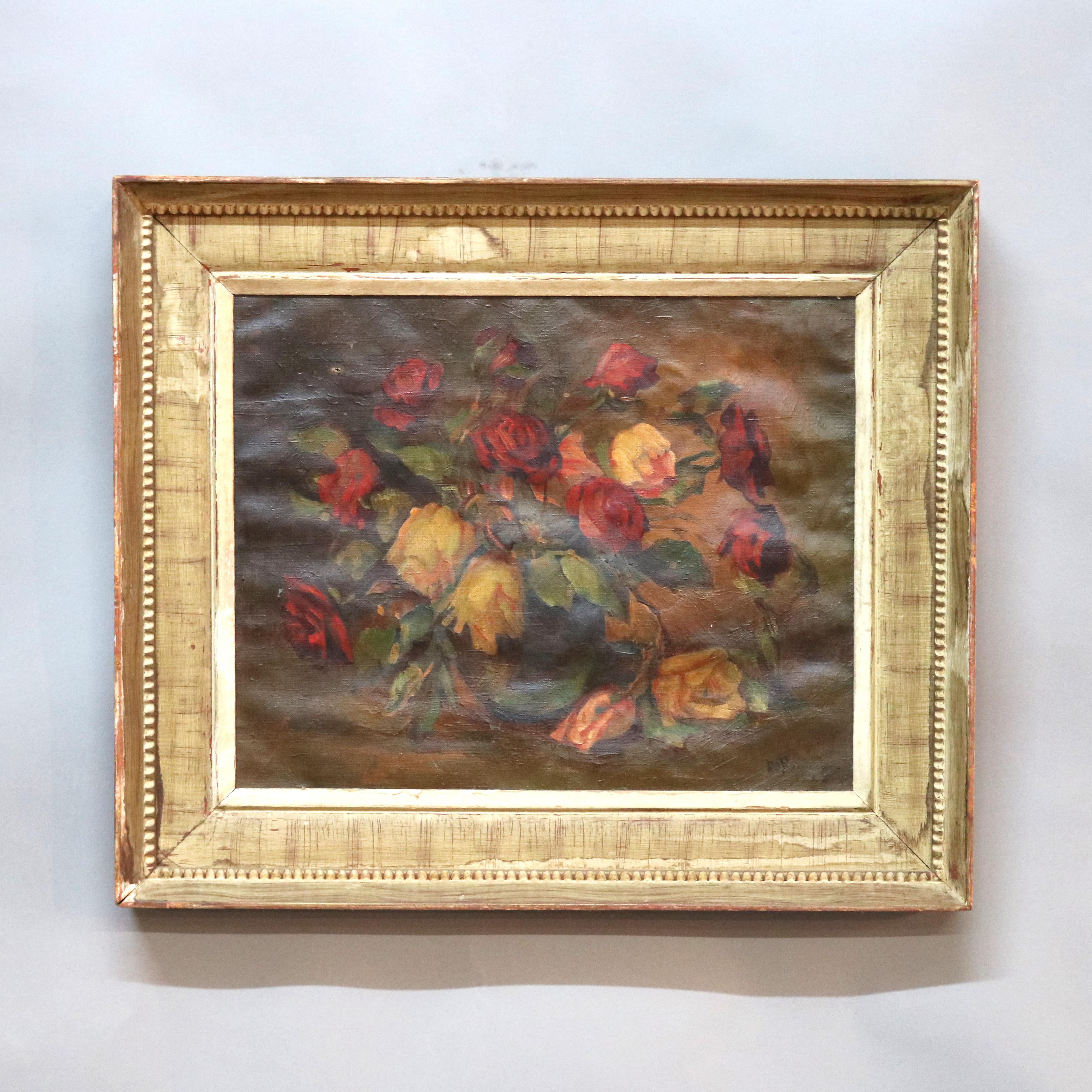 An antique still life painting by DeFrancisco offers oil on canvas still life of roses, artist signed and dated lower left, seated in giltwood frame, 1925

Measures: overall 22.25