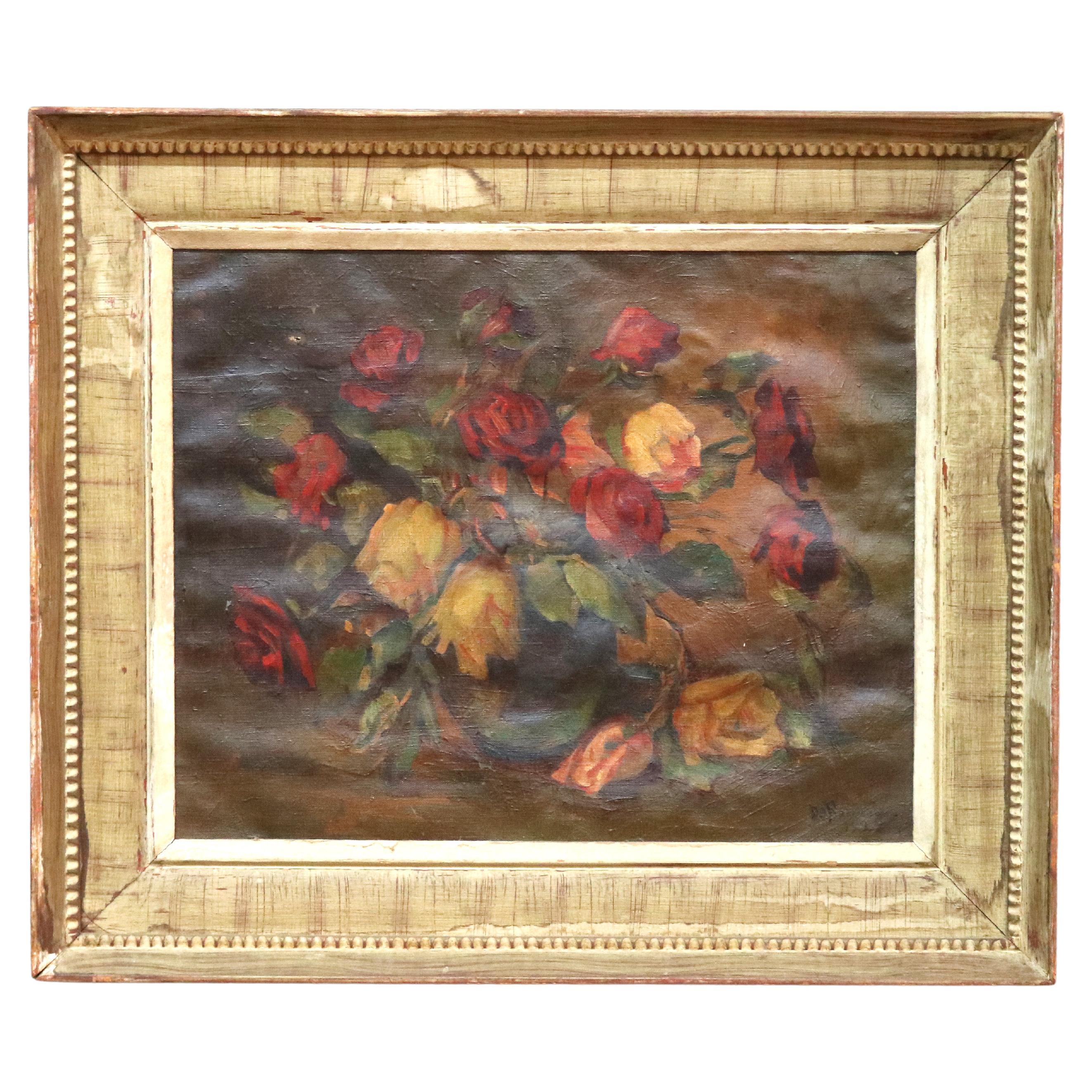 Antique Floral Still Life Painting of Roses Signed DeFrancisco, 1925