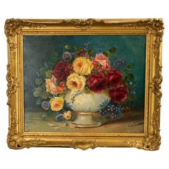 Antique Floral Still Life Painting, Urn of Roses, Signed F. Stewart Circa 1920