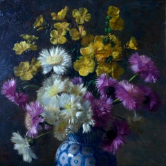 Floral Still Painting of Vase Bouquet on Table in Giltwood Frame, circa 1900