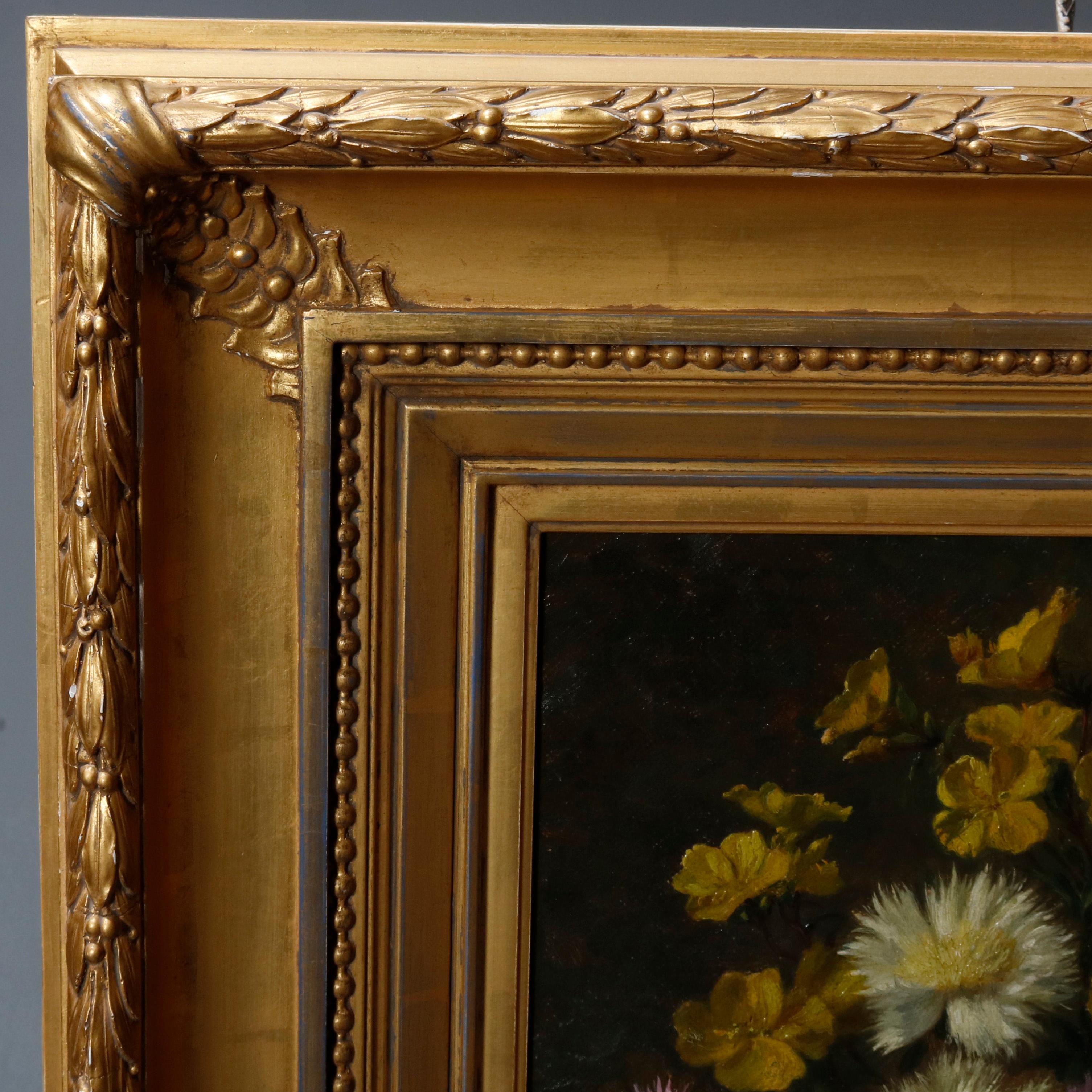 Hand-Painted Floral Still Painting of Vase Bouquet on Table in Giltwood Frame, circa 1900