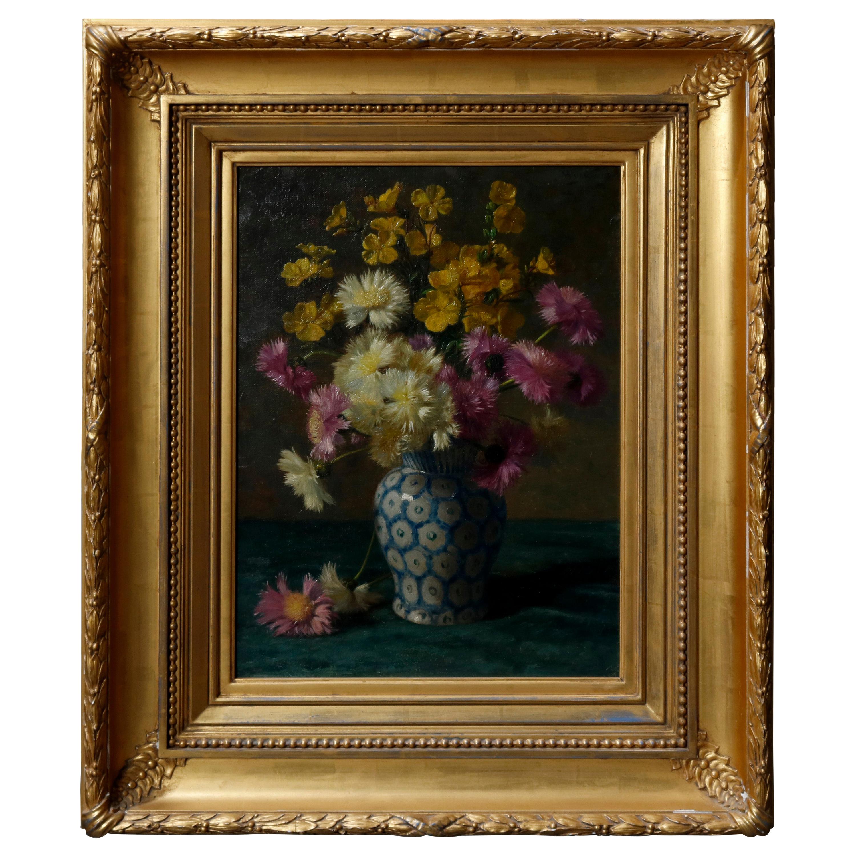 Floral Still Painting of Vase Bouquet on Table in Giltwood Frame, circa 1900