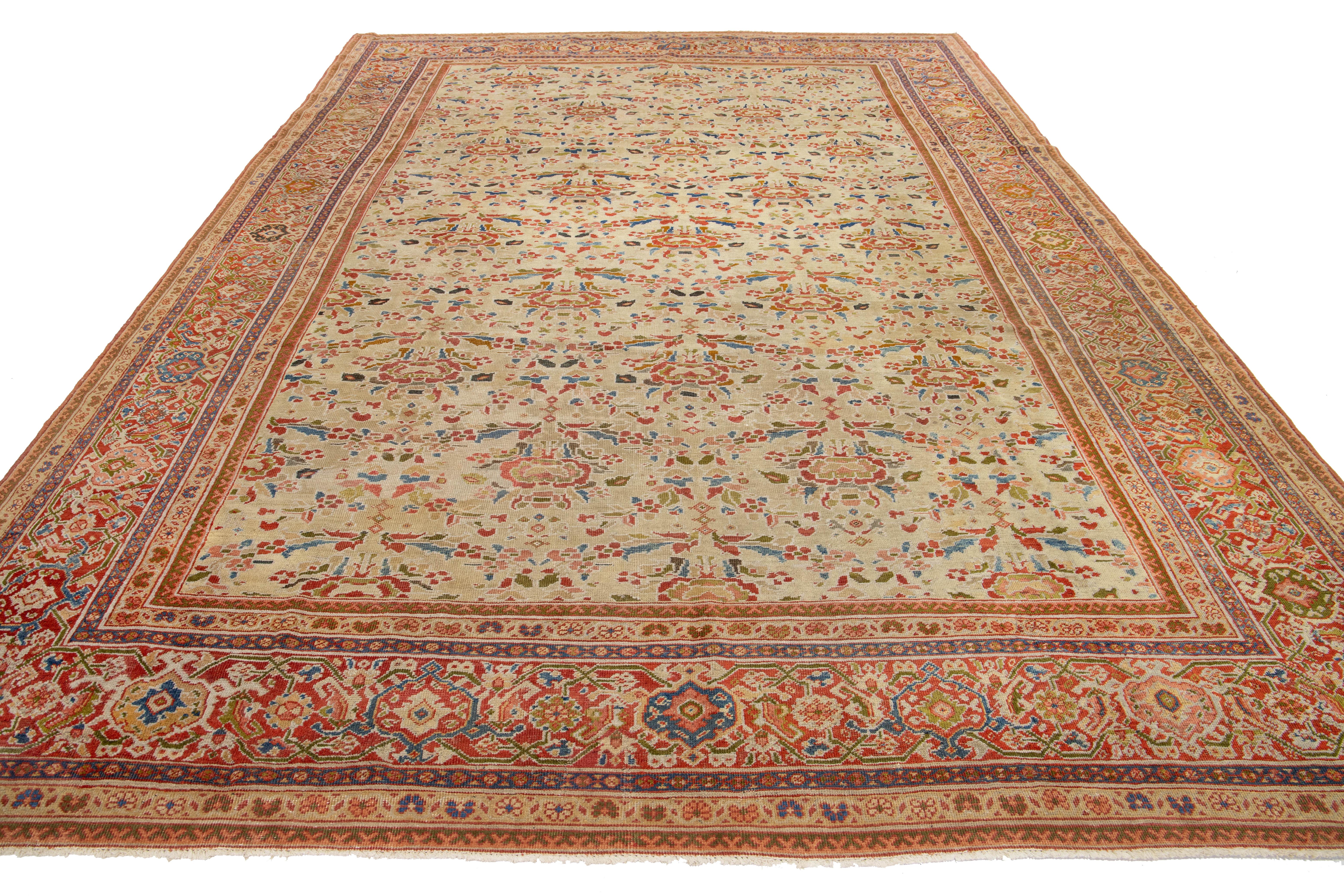 Antique Floral Sultanabad Rugs in lana annodato a mano in Tan-Beige in vendita 3