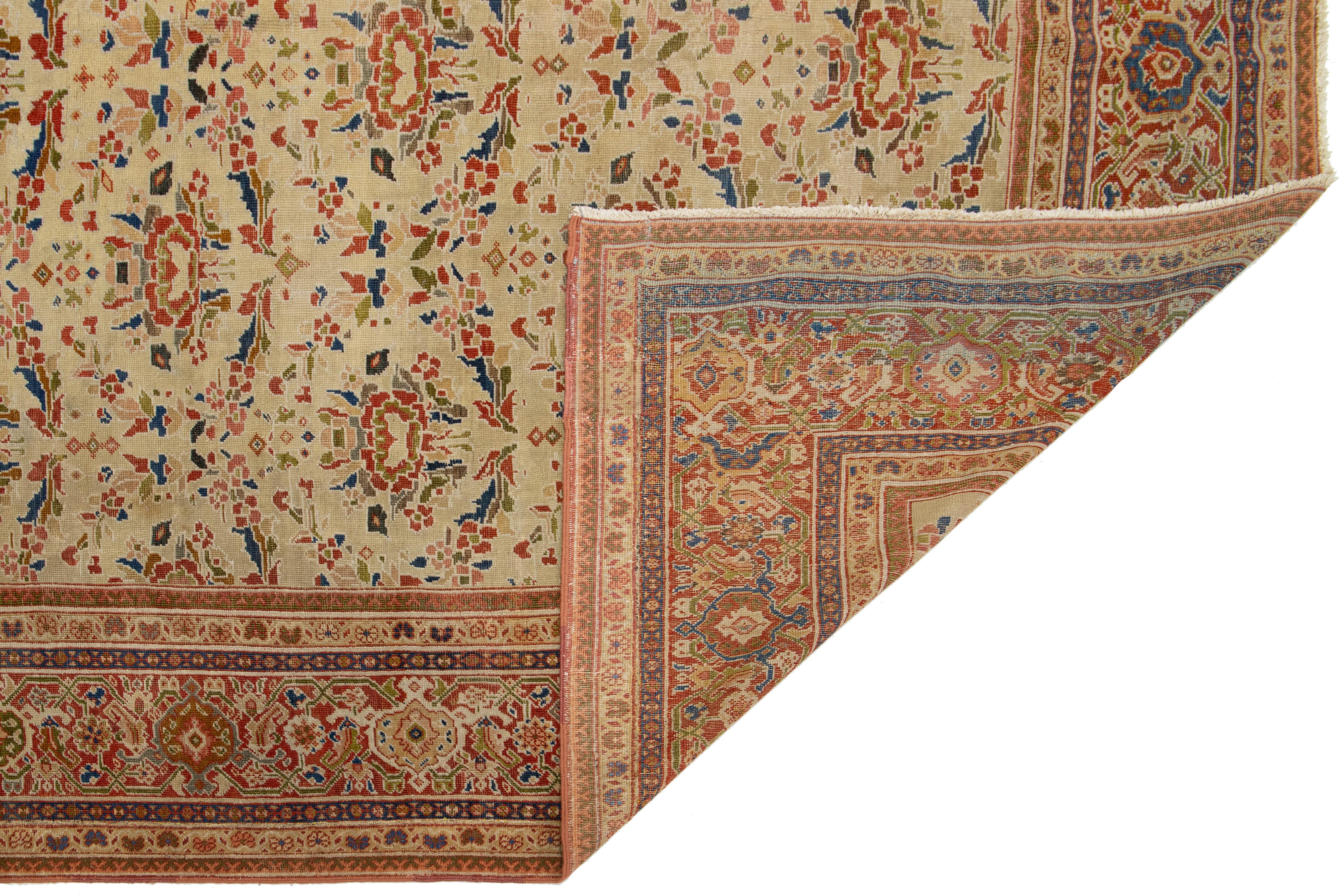Annodato a mano Antique Floral Sultanabad Rugs in lana annodato a mano in Tan-Beige in vendita