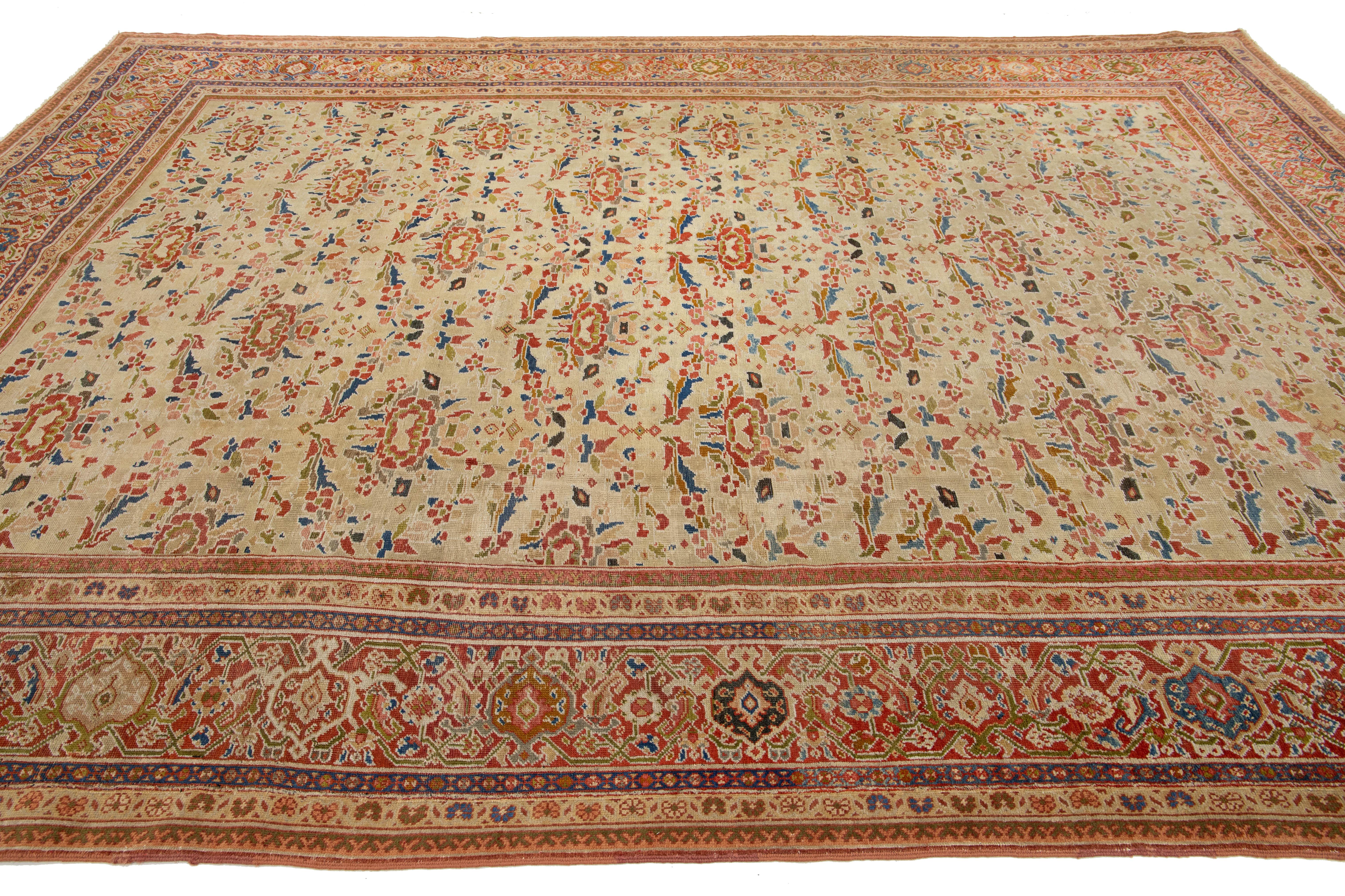 XIX secolo Antique Floral Sultanabad Rugs in lana annodato a mano in Tan-Beige in vendita