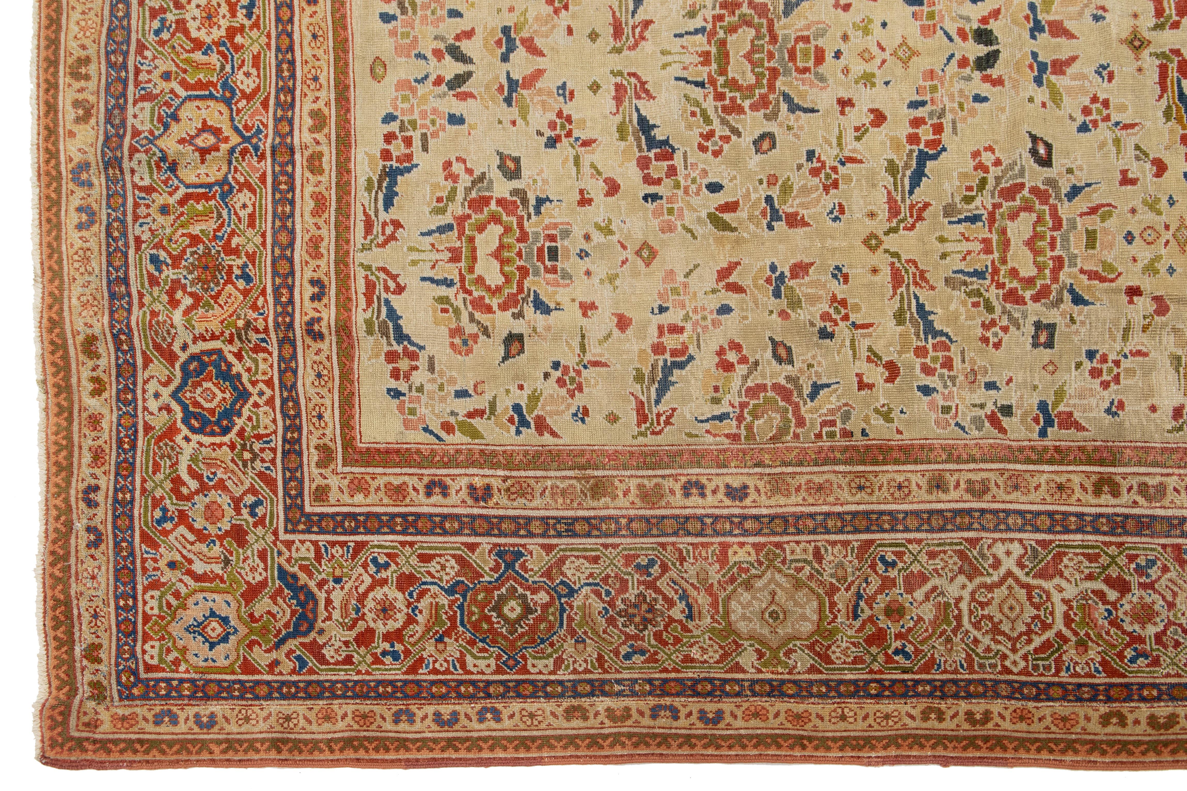 Lana Antique Floral Sultanabad Rugs in lana annodato a mano in Tan-Beige in vendita