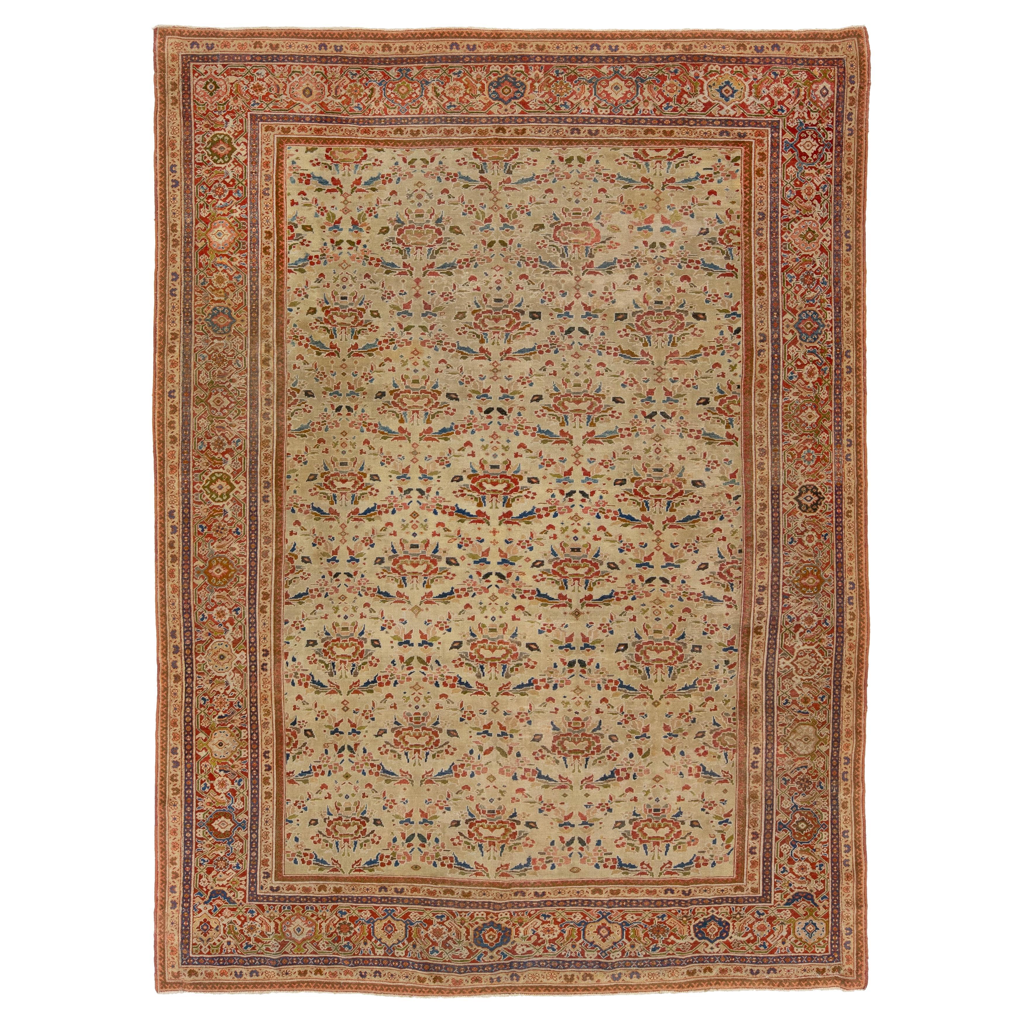 Antique Floral Sultanabad Rugs in lana annodato a mano in Tan-Beige in vendita