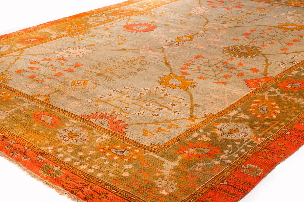 Hand-Knotted Antique Floral Turkish Oushak Wool Rug For Sale