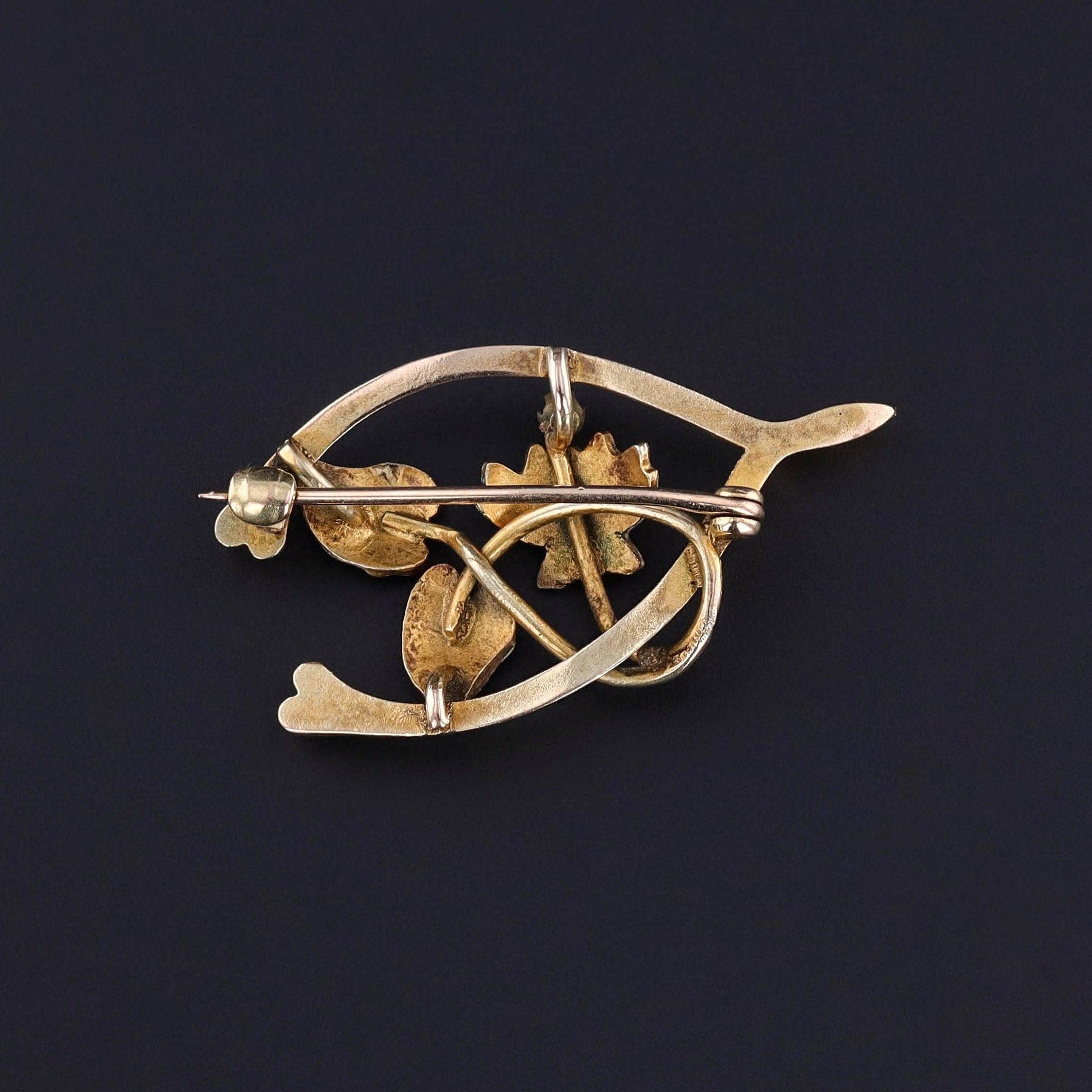 Antiguo Broche Floral Wishbone de Oro de 14k Art Nouveau en venta