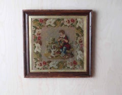 Antique Floral Woolwork with A Child And Dog. English, C.1850