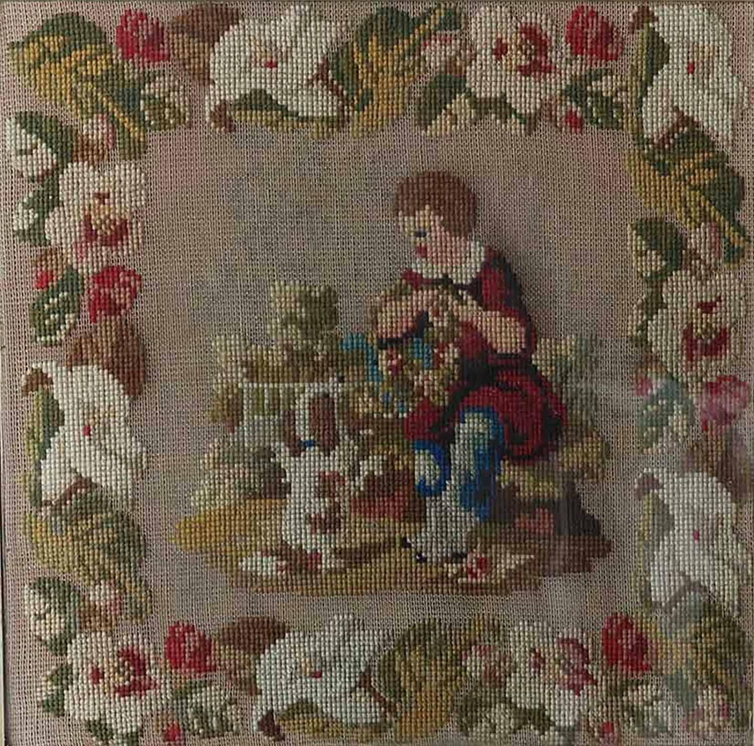 Antike Floral Woolwork mit einem Kind und Hund. Englisch, um 1850 (Walisisch) im Angebot