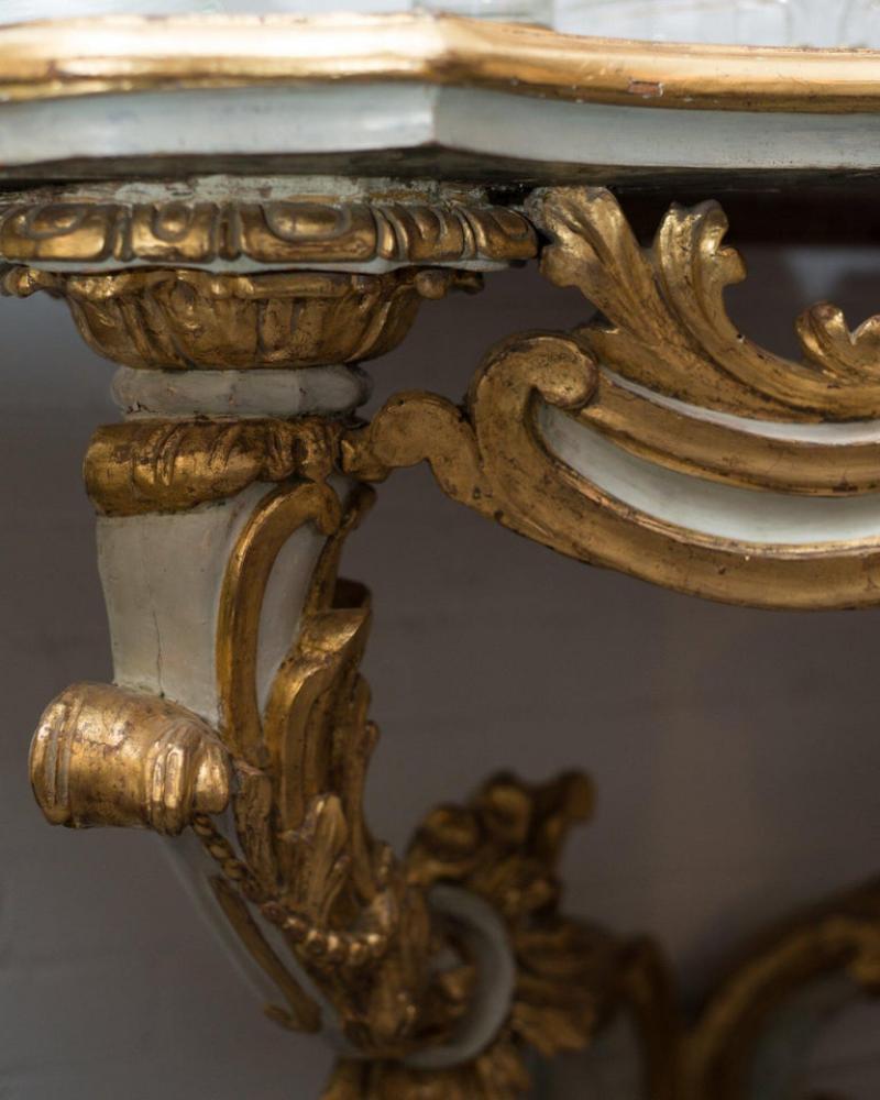 Hand-Carved Antique Florentine Baroque Gold, White and Green Carved Console Table For Sale