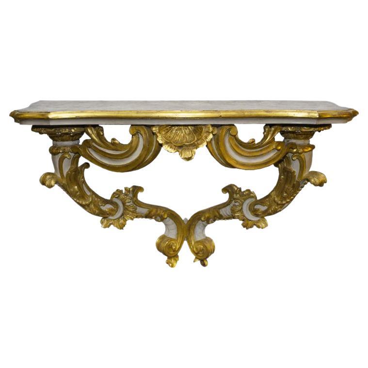 Ancienne table console baroque florentine sculptée en or, blanc et vert
