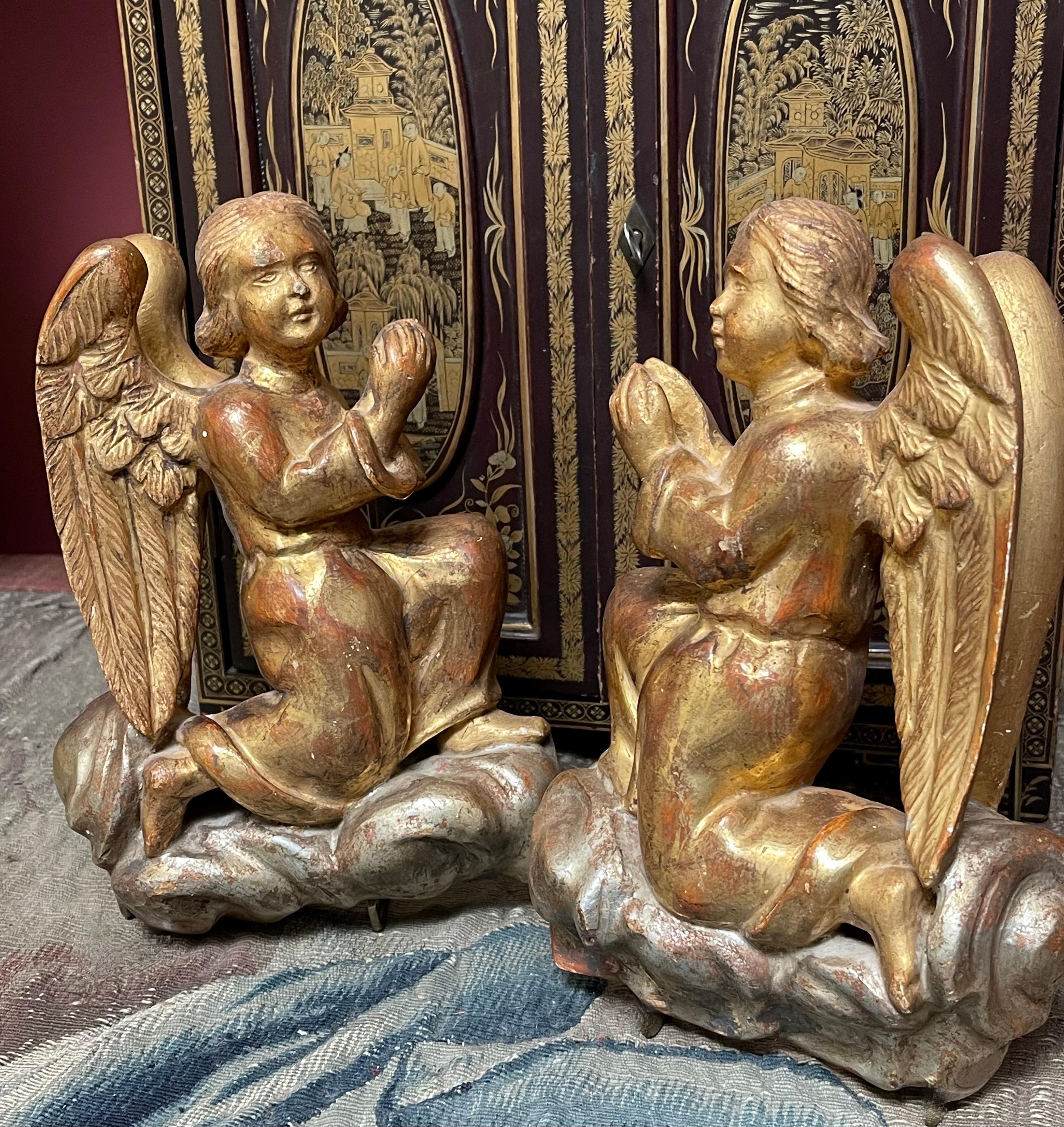 Gothic Antique Florentine Carved Gilt Wood Angels PAIR For Sale
