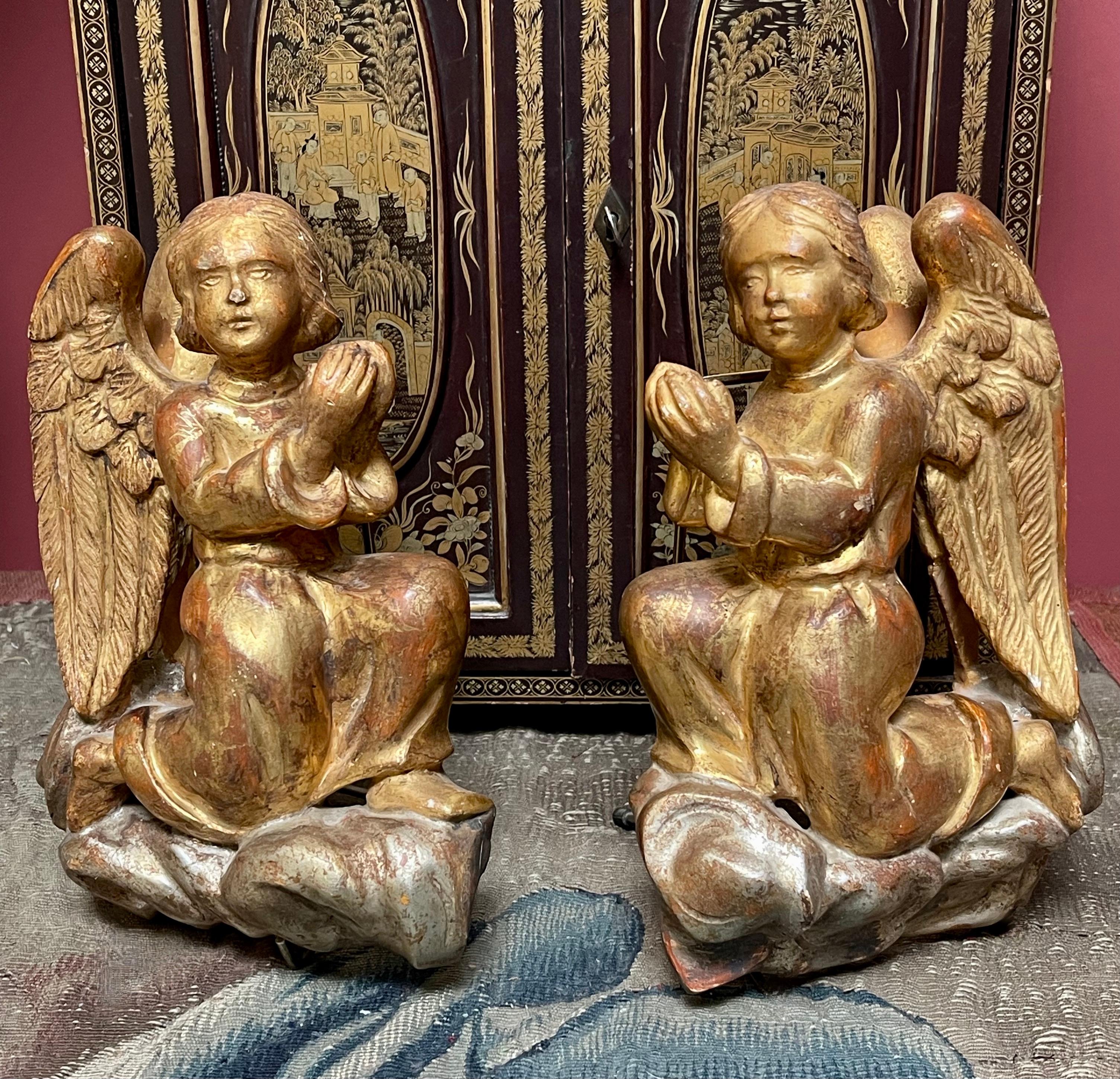 Hand-Carved Antique Florentine Carved Gilt Wood Angels PAIR For Sale