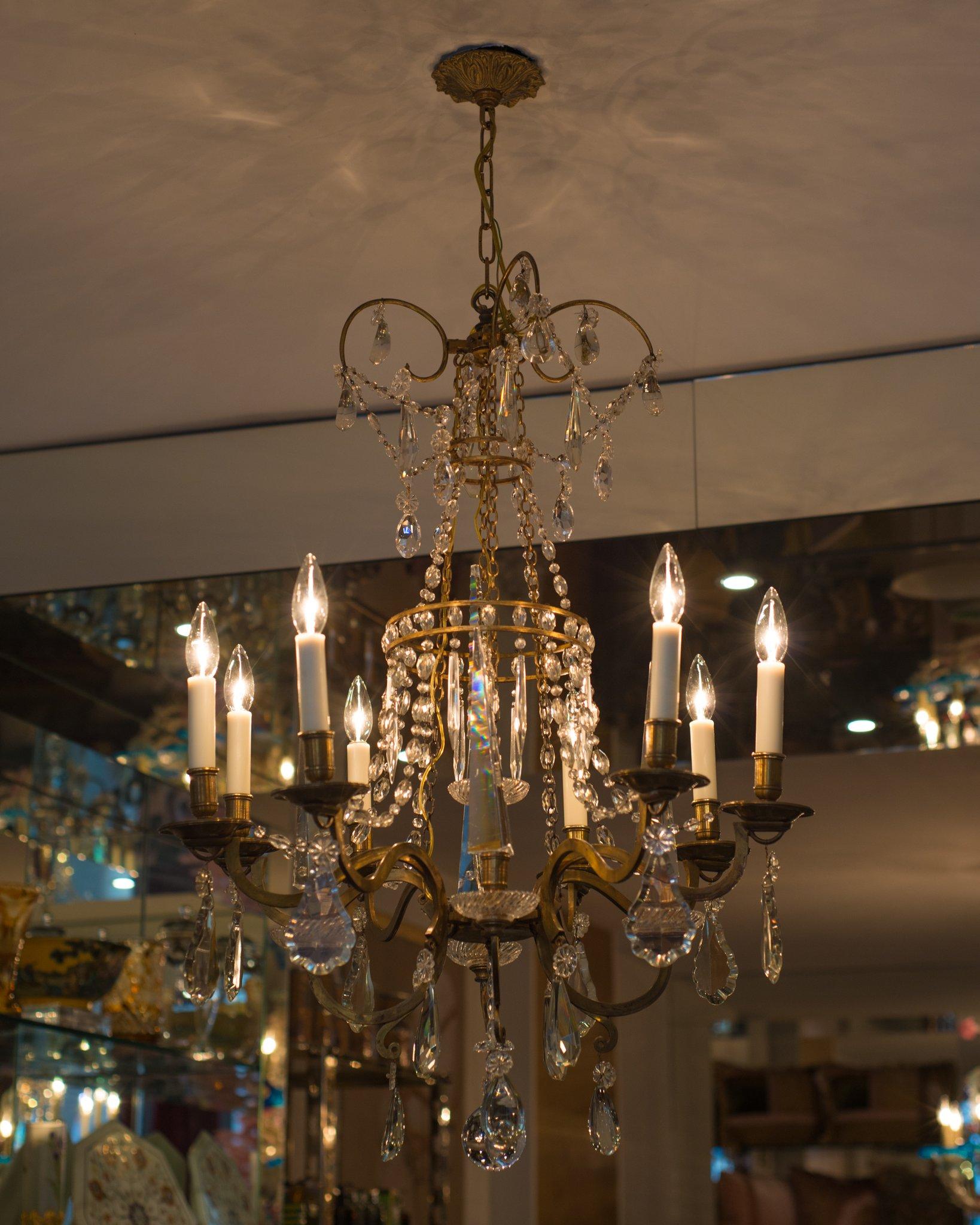 Italian Antique Florentine Crystal & Bronze Chandelier with Obelisks / Pyramids