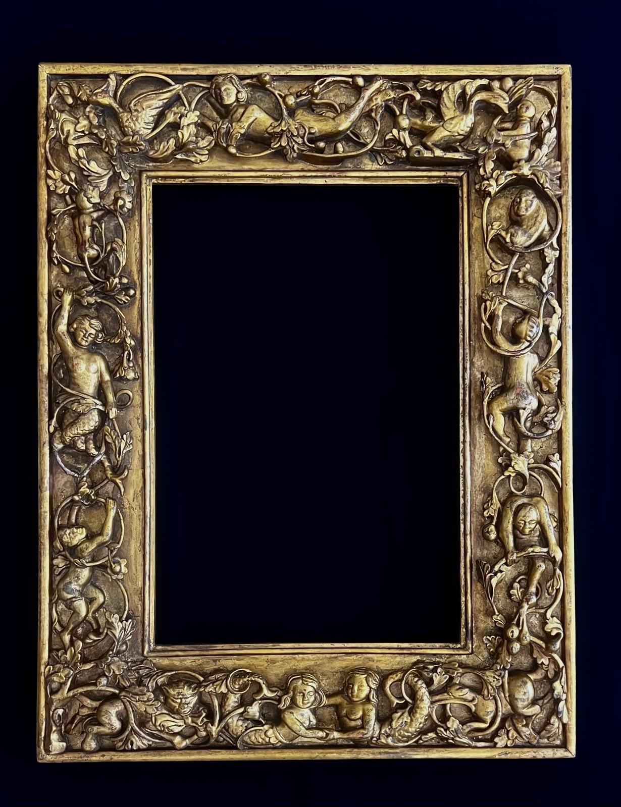 Italian Antique Florentine Hand Carved Frame with Allegorical Mythological Carvings For Sale