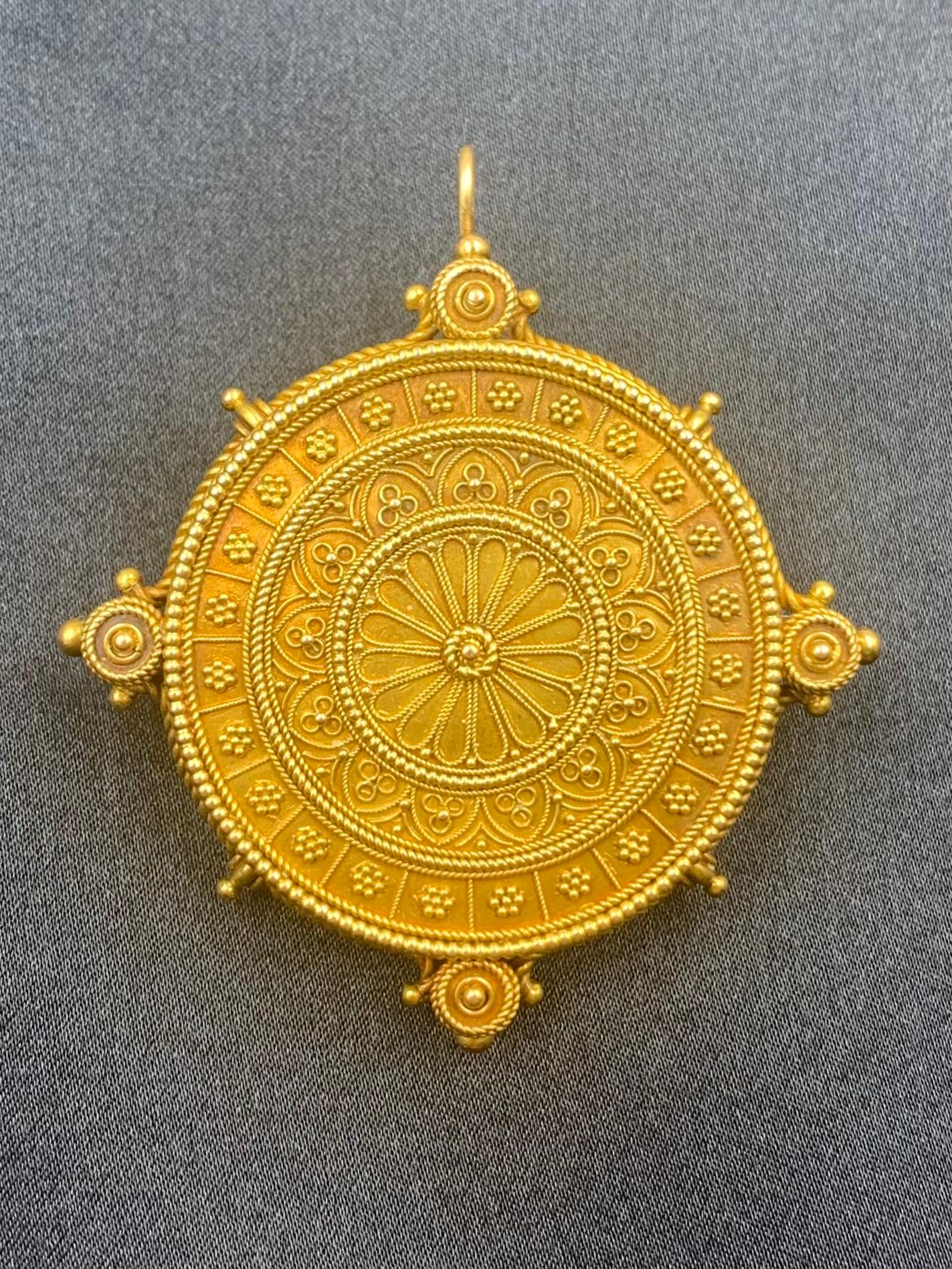Antique Florentine Large Etruscan Revival 14K Yellow Gold Locket Pendant For Sale 9
