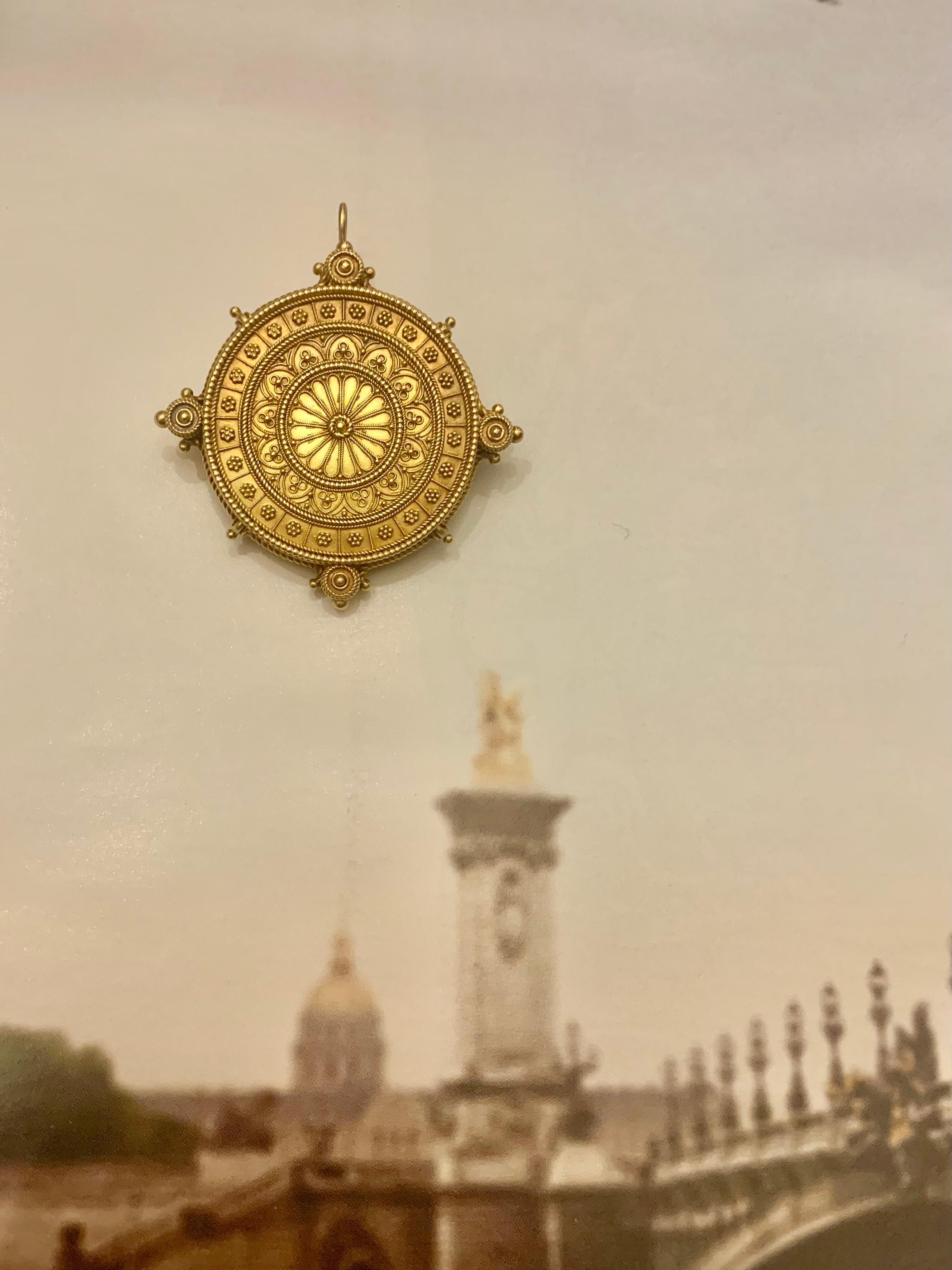 Women's or Men's Antique Florentine Large Etruscan Revival 14K Yellow Gold Locket Pendant For Sale