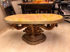 Antique Florentine Marble and Carved Wood Oval Coffee Table 1880s