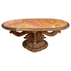 Antique Florentine Marble and Carved Wood Oval Coffee Table 1880s