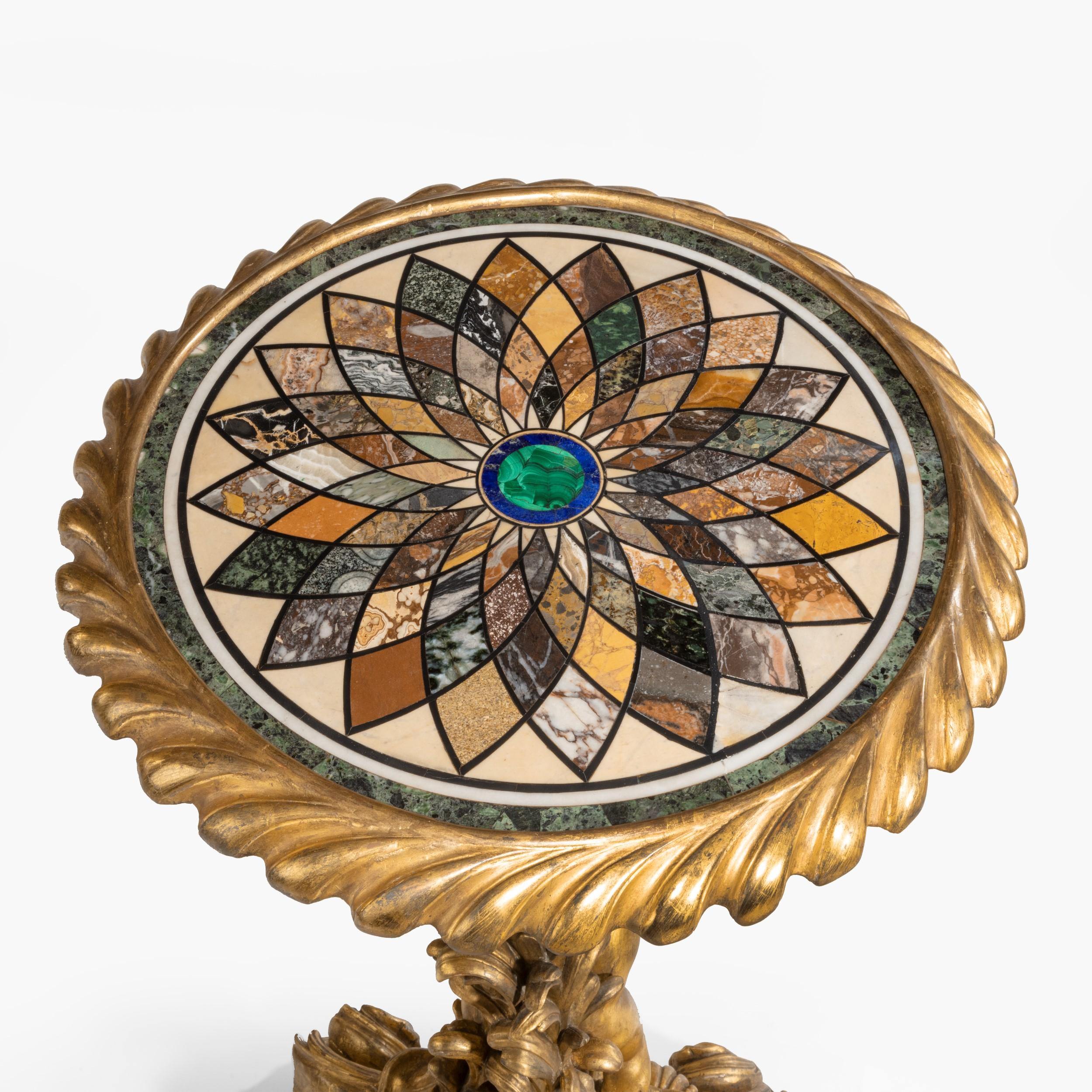 Hand-Carved Antique Florentine Pietra Dura and Giltwood Table in the Italian Baroque Manner