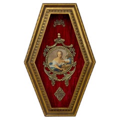 Antique Florentine Victorian Round Lady Portrait Wall Art on Velvet, Wall Plaque