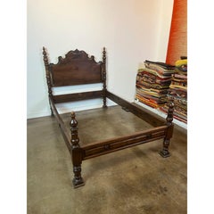 Antique Florentine Walnut Twin Bed Hand-Carved Column Posts, Italy Circa 1880