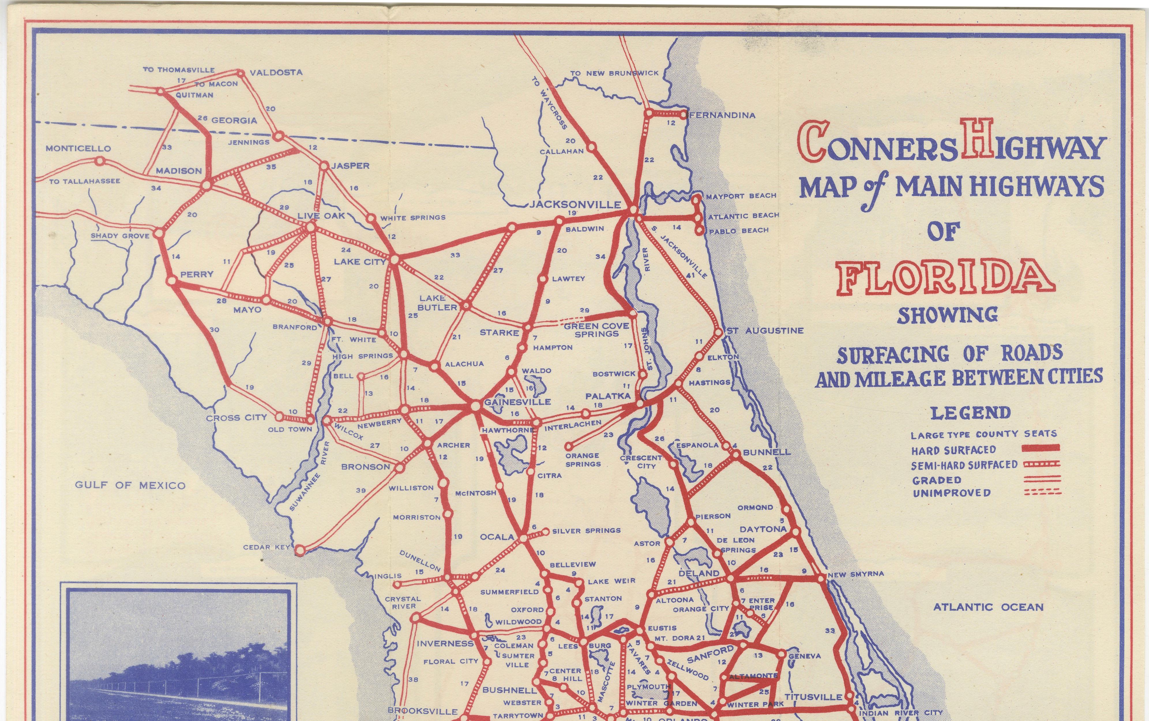 Antique Florida Highway Map – Conners Highway, Lake Okeechobee Roads, ca.1924