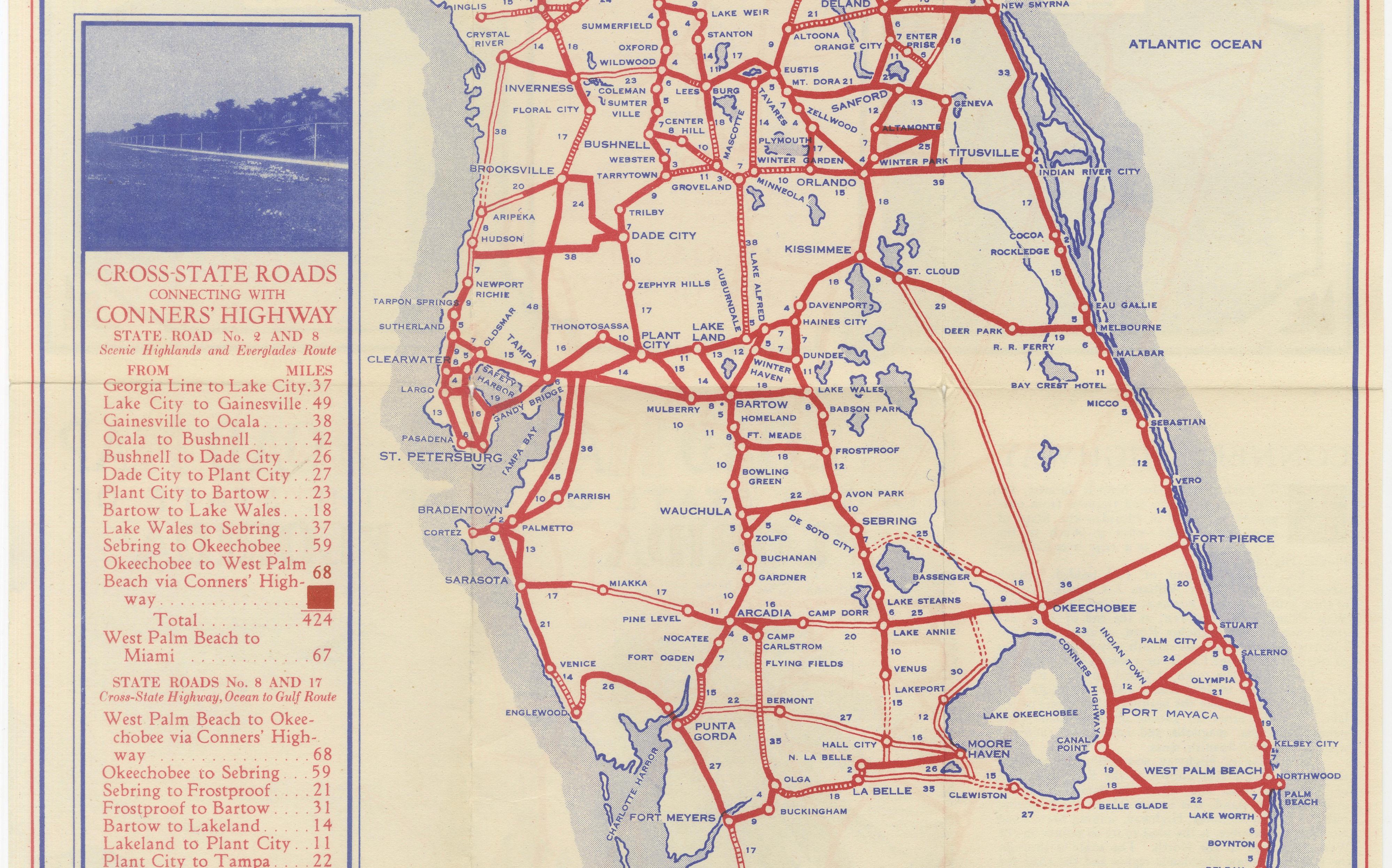 Antique Florida Highway Map – Conners Highway, Lake Okeechobee Roads, ca.1924