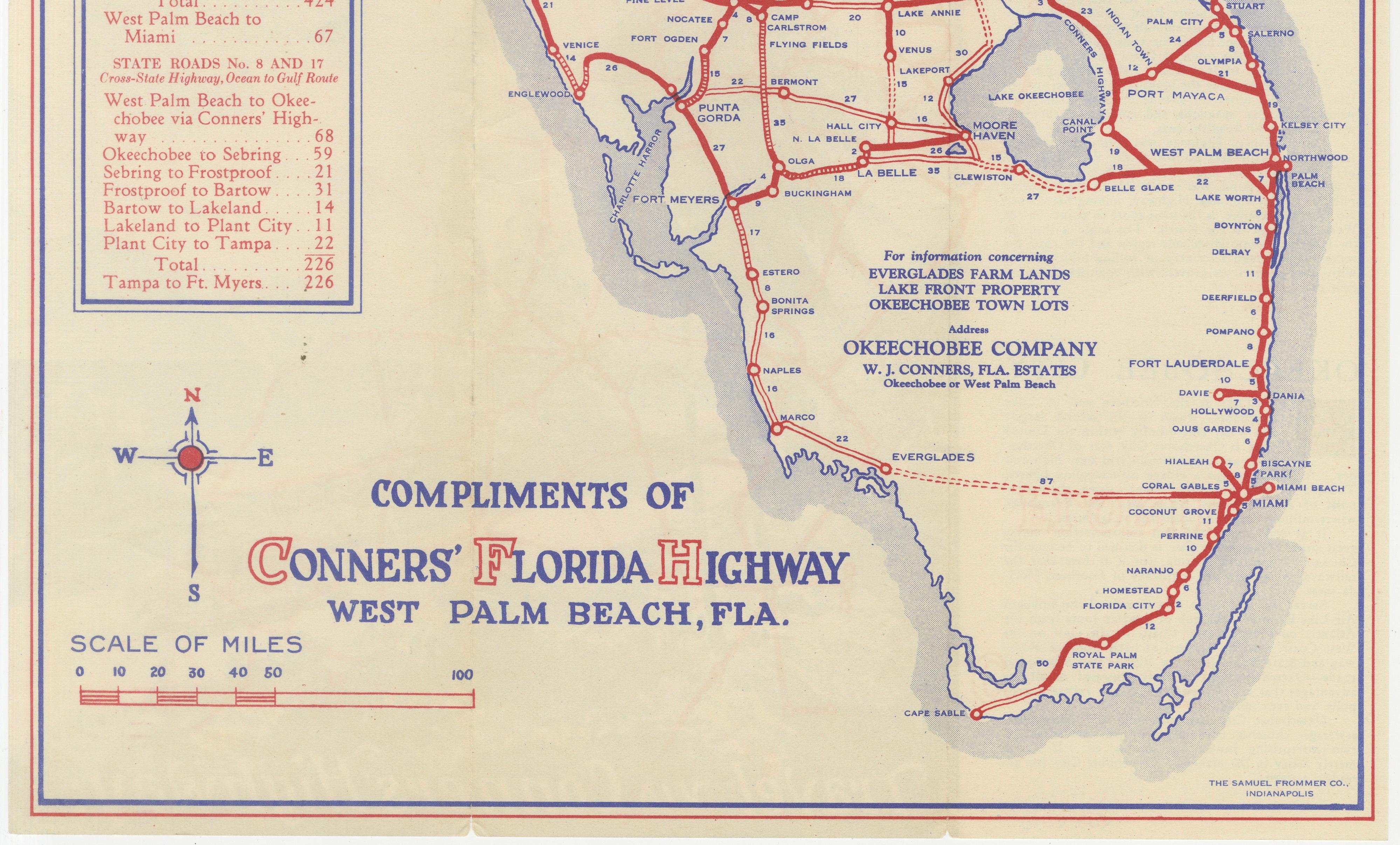 Antique Florida Highway Map – Conners Highway, Lake Okeechobee Roads, ca.1924