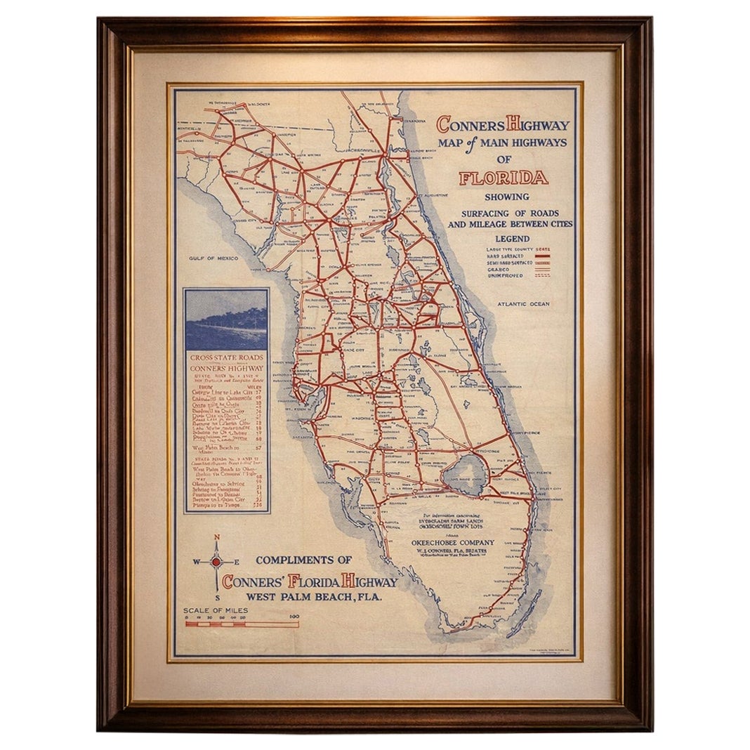 Mapa antiguo de carreteras de Florida - Conners Highway, Lake Okeechobee Roads, ca.1924 en venta