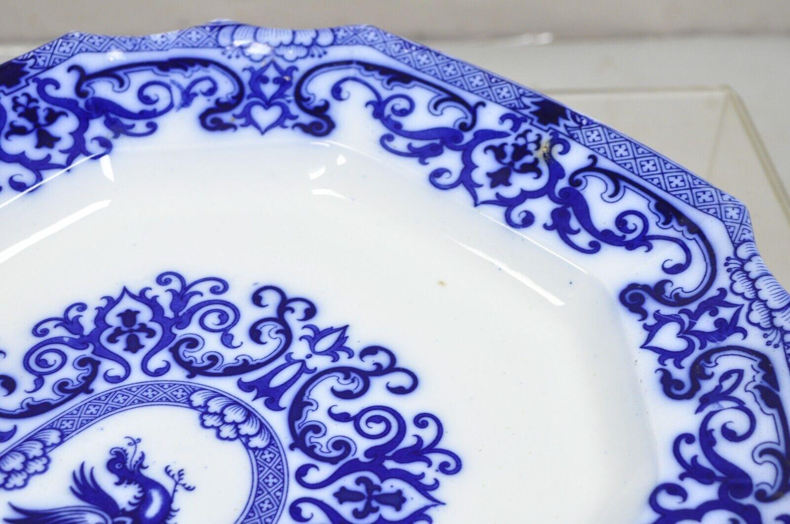 Antique Flow Blue and White Transferware Ironstone Platter Dish w Chinese Dragon For Sale 5