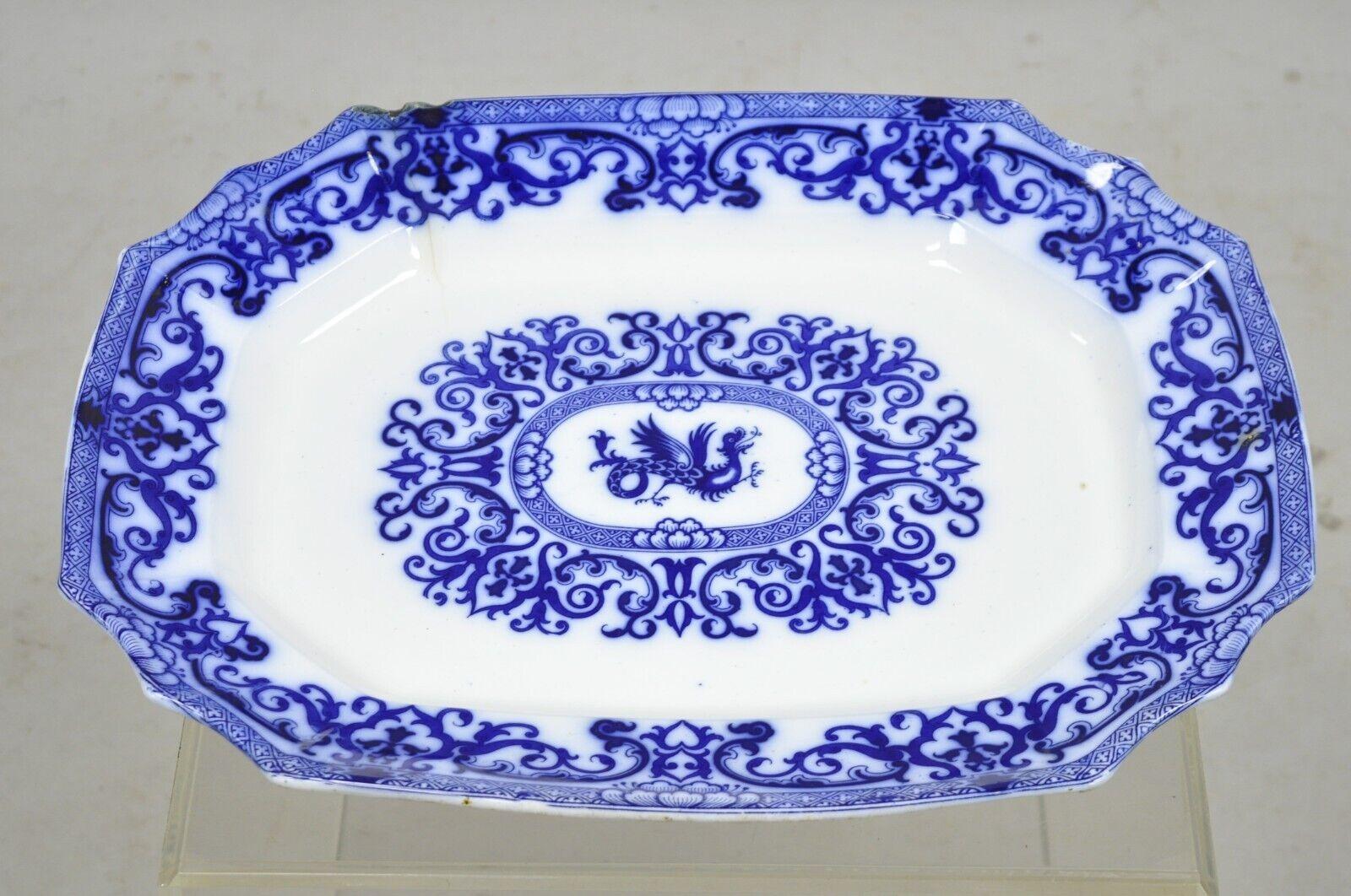 Antique Flow Blue and White Transferware Ironstone Platter Dish w Chinese Dragon For Sale 6