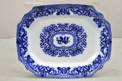 Antique Flow Blue and White Transferware Ironstone Platter Dish w Chinese Dragon