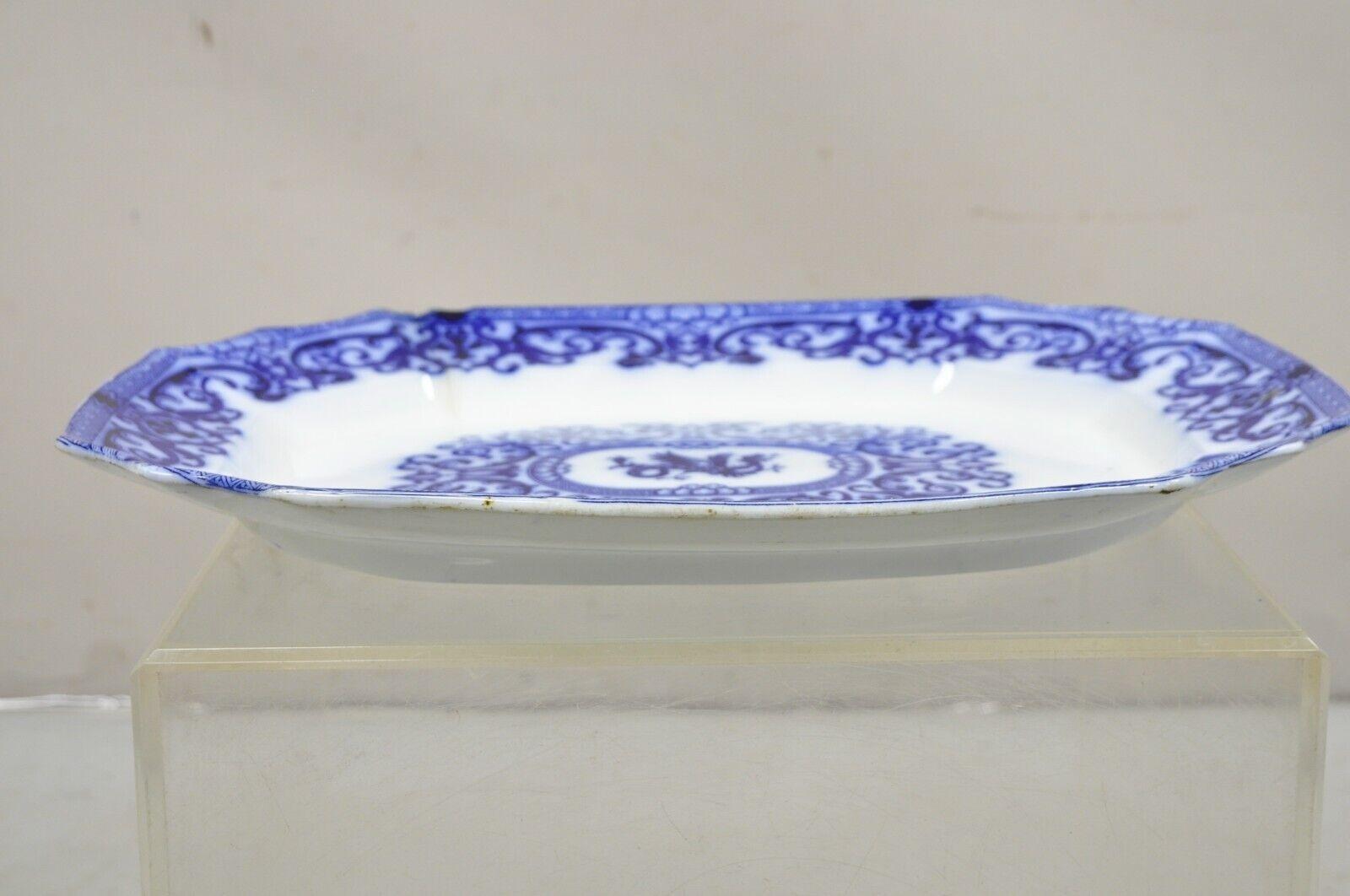 Chinese Export Antique Flow Blue and White Transferware Ironstone Platter Dish w Chinese Dragon For Sale