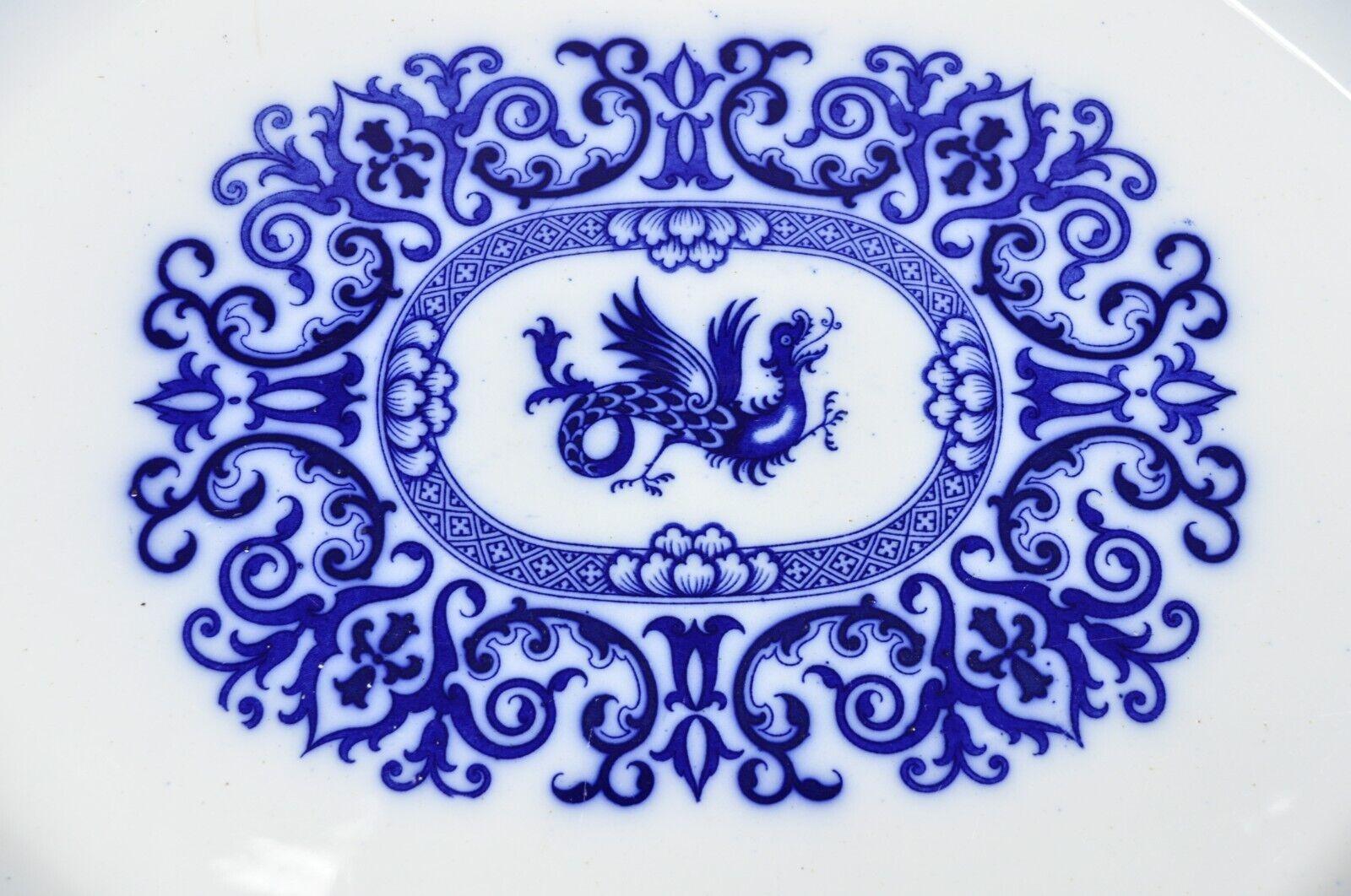 Antique Flow Blue and White Transferware Ironstone Platter Dish w Chinese Dragon In Good Condition For Sale In Philadelphia, PA