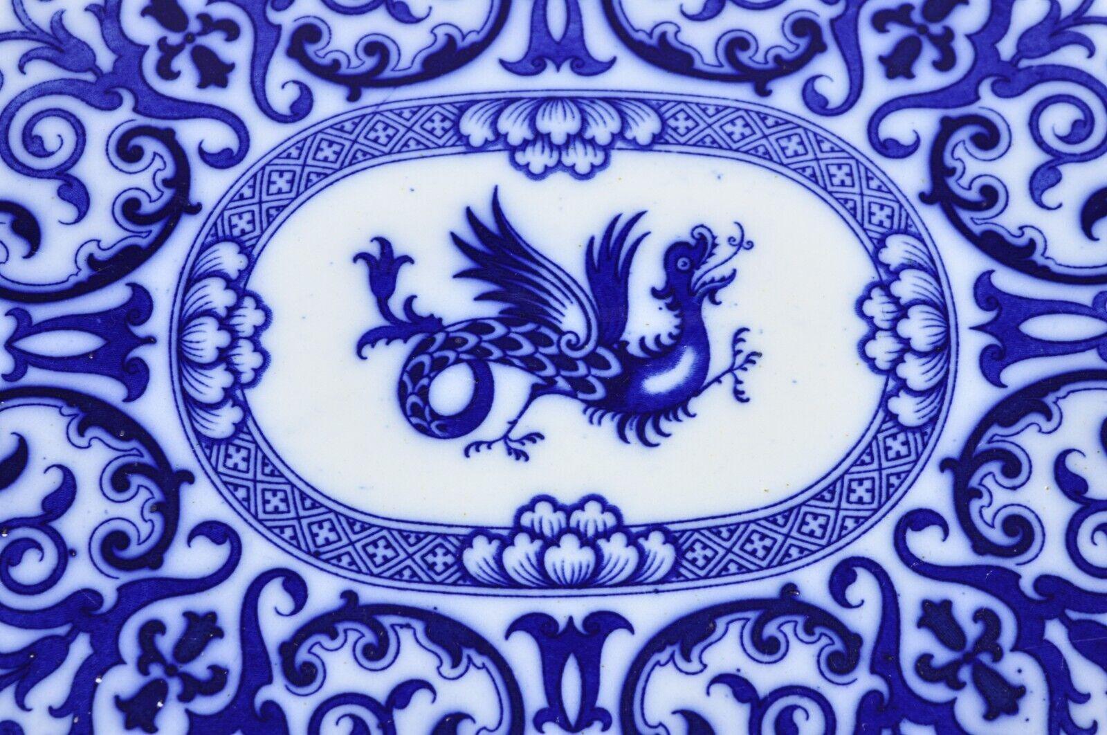 Early 19th Century Antique Flow Blue and White Transferware Ironstone Platter Dish w Chinese Dragon For Sale