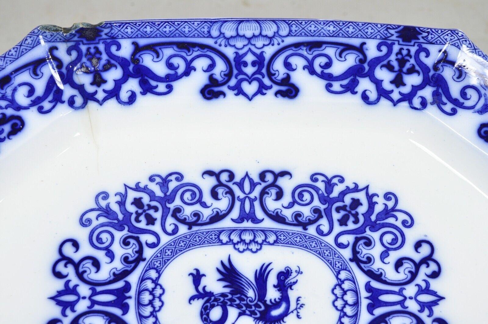 Porcelain Antique Flow Blue and White Transferware Ironstone Platter Dish w Chinese Dragon For Sale