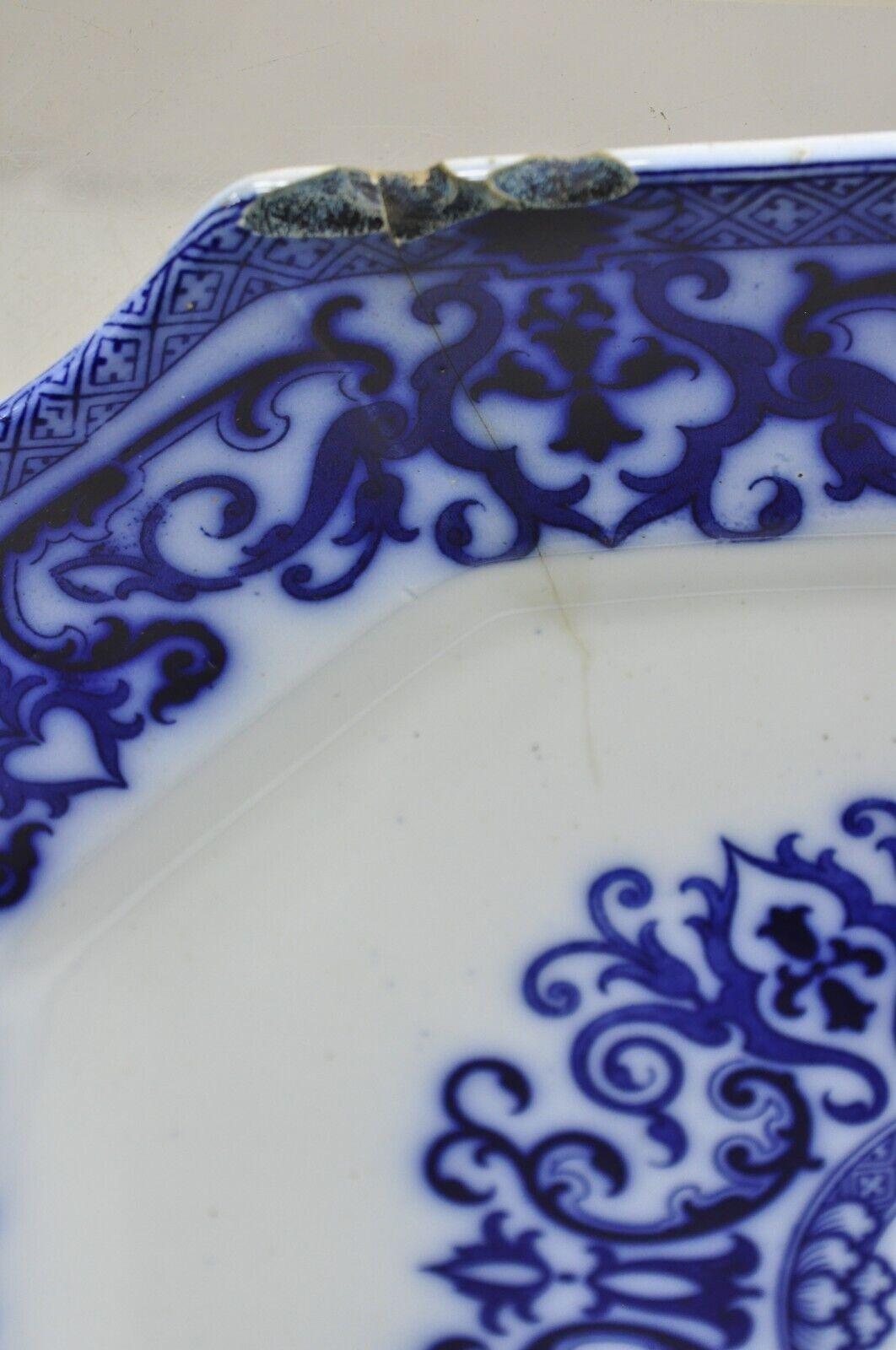 Antique Flow Blue and White Transferware Ironstone Platter Dish w Chinese Dragon For Sale 1