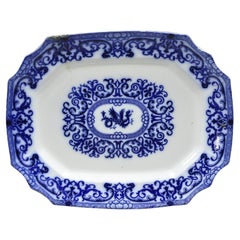 Vintage Flow Blue and White Transferware Ironstone Platter Dish w Chinese Dragon