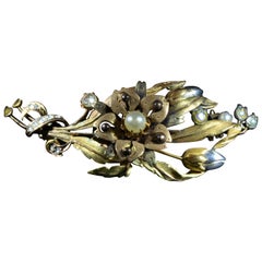 Antique Flower Bouquet Brooch with Tremblant Flower Center Pearl and Rose Cut