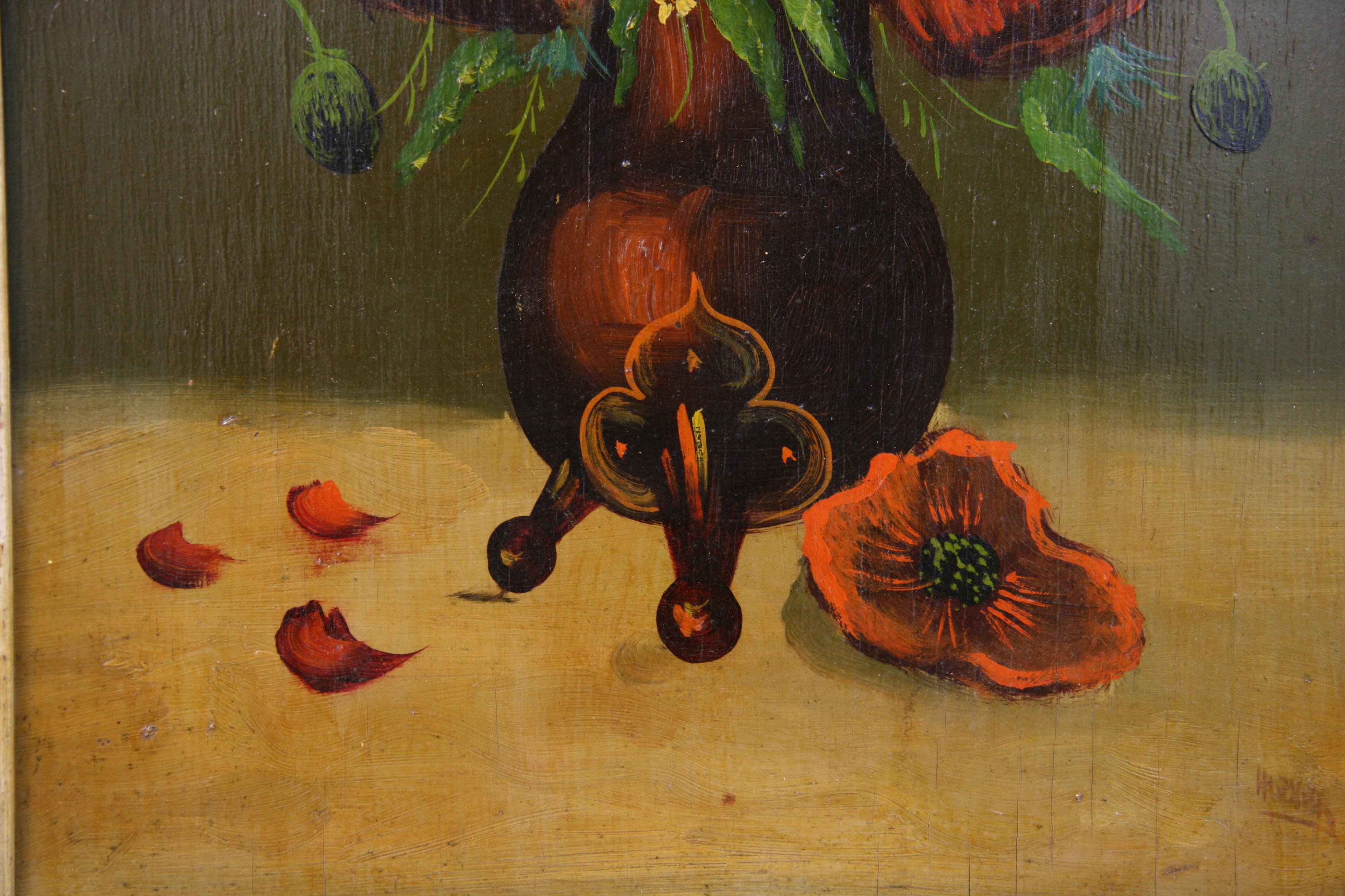 Fruitwood Antique Flower Bouquet Still Life Oil Painting 1920's  For Sale