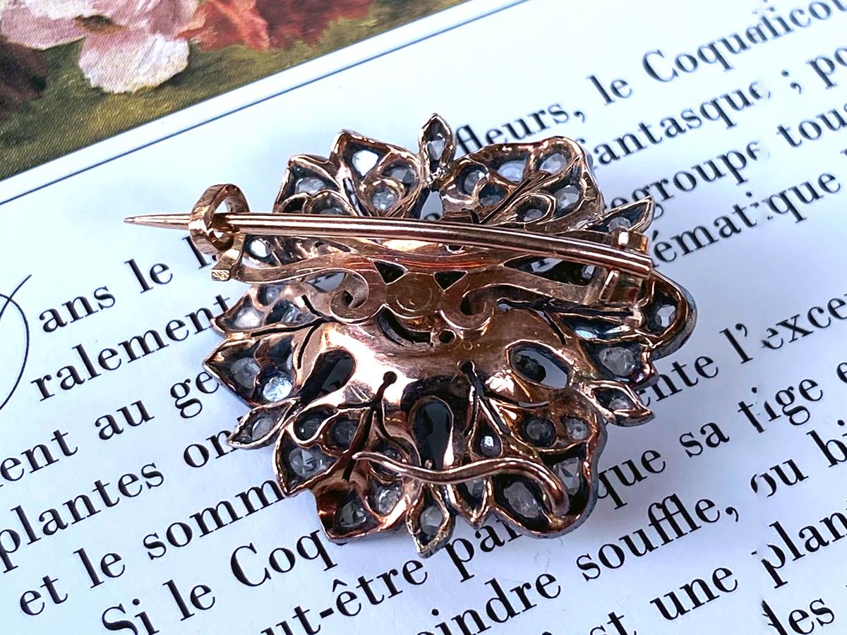 Antiguo Broche Aciano Diamantes Oro Plata Pétalos Bosque Ninfa Hoja vegetal en venta 4