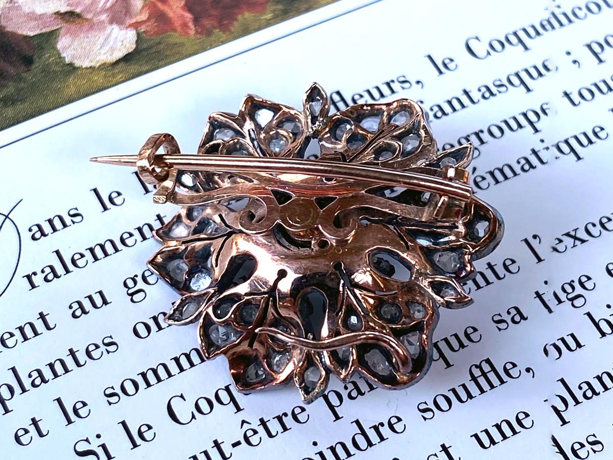 Antique Cornflower Brooch Diamonds Gold Silver Petals Forest Nymph Vegetal leaf For Sale 3